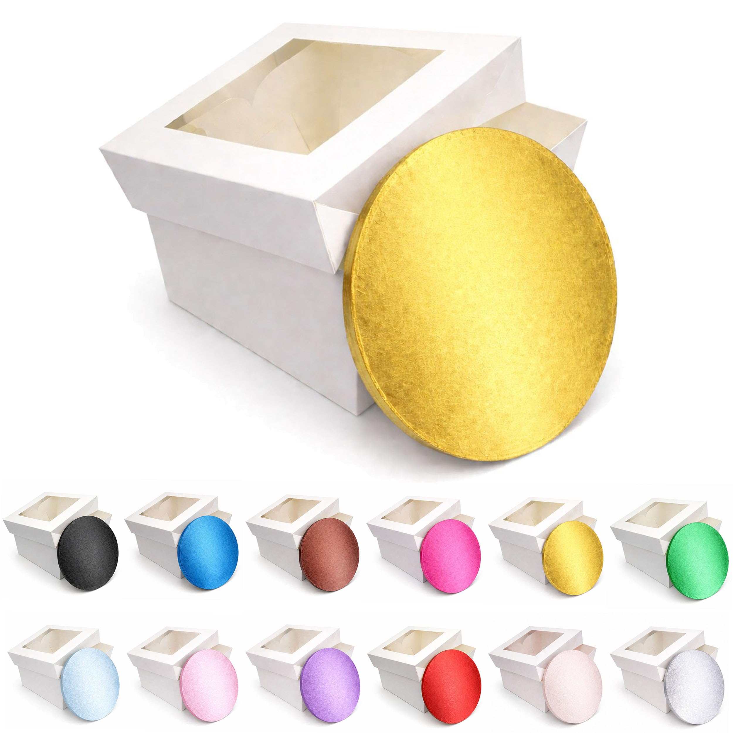 LARRYROO Round Colour Cake Drum Board & White Box with Clear Display Window + Lid Combo Pack for Wedding, Birthday Cakes (Gold, 14 Inch)