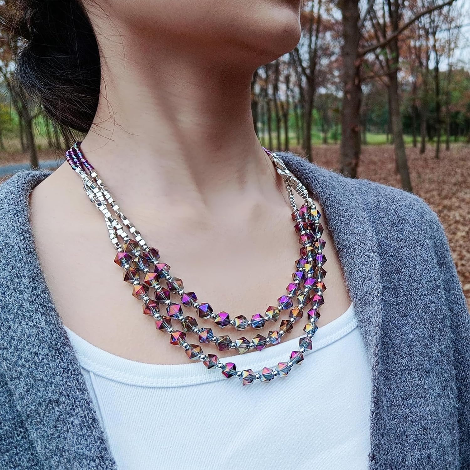 Bocar Necklace for Women, 3 Layer Beaded Necklace Crystal Beads Strand Fashion Jewelry, Party Gifts for Her - Image 3