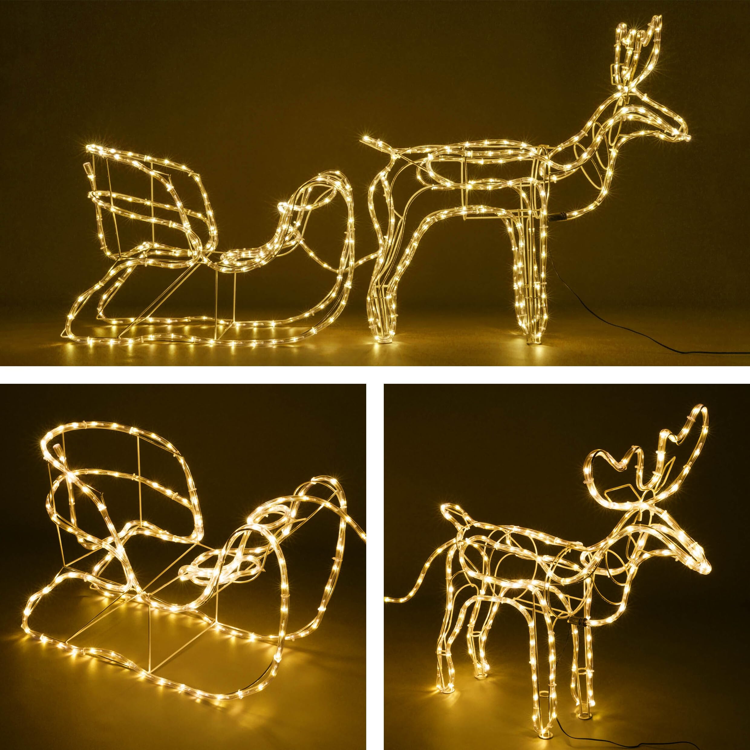 Rentier mit Schlitten aus 14 m Lichterschlauch 504 LED warmweiß kaltweiß mit 8 Funktionen Figur Weihnachtsbeleuchtung 140 cm Länge Leuchtfigur Xmas-Deko (warm weiß)