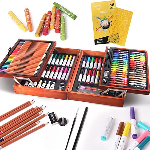 Artenjoyfine Art Supplies - Juego de 132 piezas de arte de madera de lujo para niños incluyendo acuarelas lápices de colores pasteles al óleo para