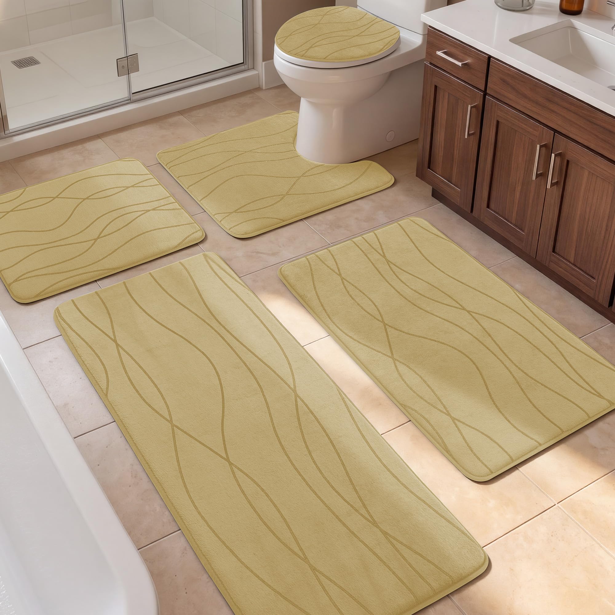 YIHOUSE Bathroom Rugs Set 5 Piece, Memory Foam Bath Mat Beige