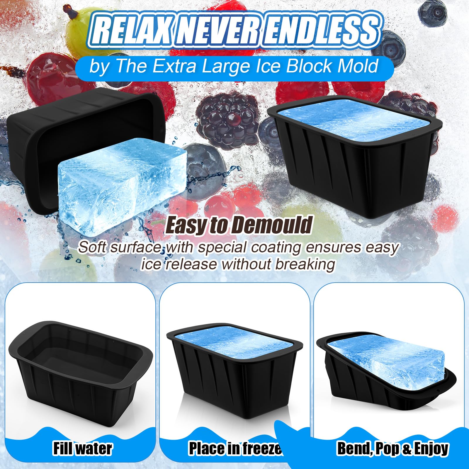 Tioncy Extra große Eisblockformen, 3,6 kg, wiederverwendbare Eisformen, riesige Silikon-Eiswürfelform für Eisbäder, Kühler, Tauchzubehör, Schwarz, 8 Stück