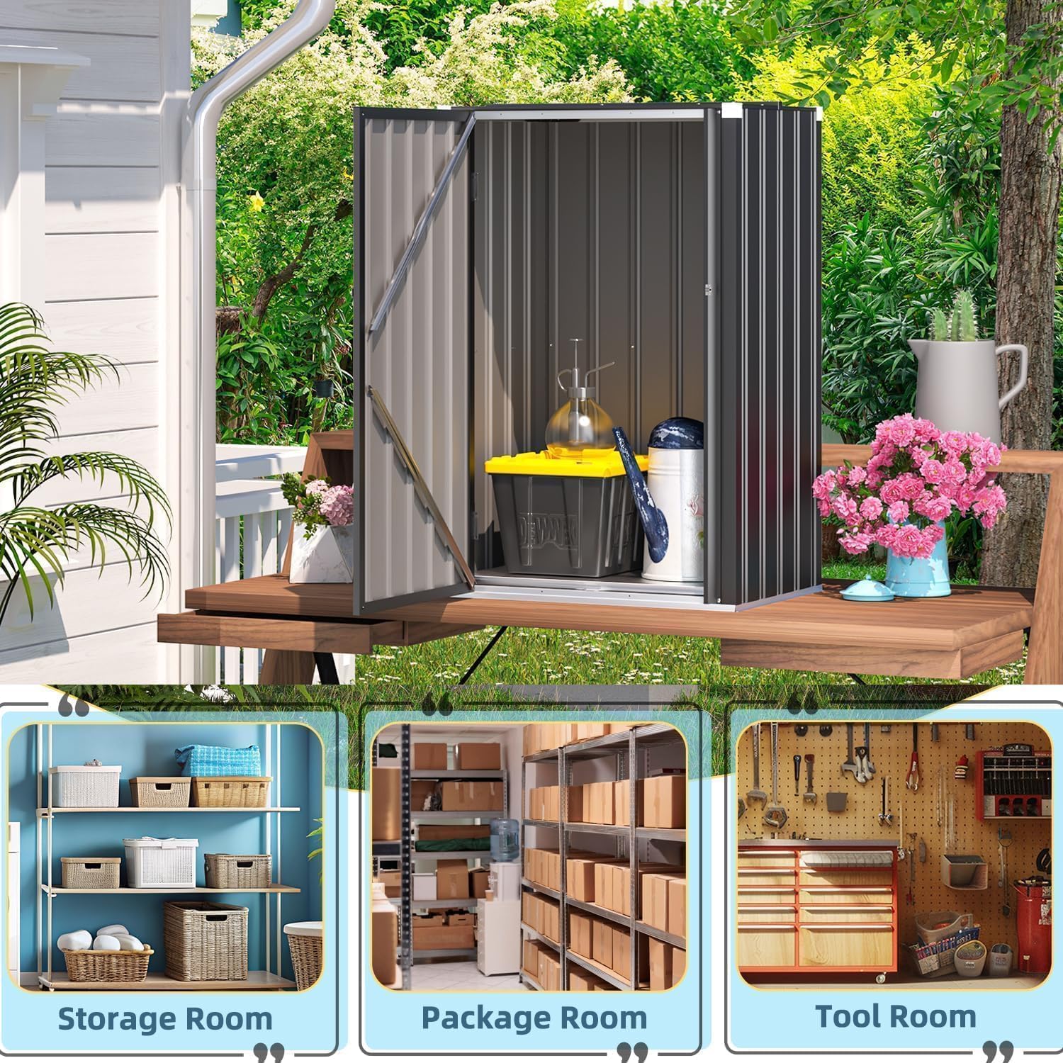YODOLLA Gartenschrank 76x55x112cm, wetterfester Einzel-Tür Außenschrank aus Metall, Paketkasten & Lagerung mit Schloss – für Garten, Grau