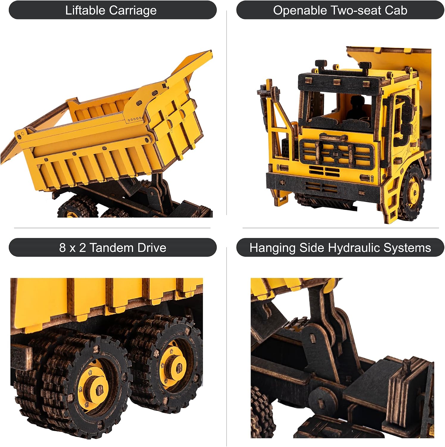 ROBOTIME 3D Wooden Puzzle Toy Construction Vehicles DIY Model Dump Truck Kit to Build STEM Projects Unique Gifts for Kids