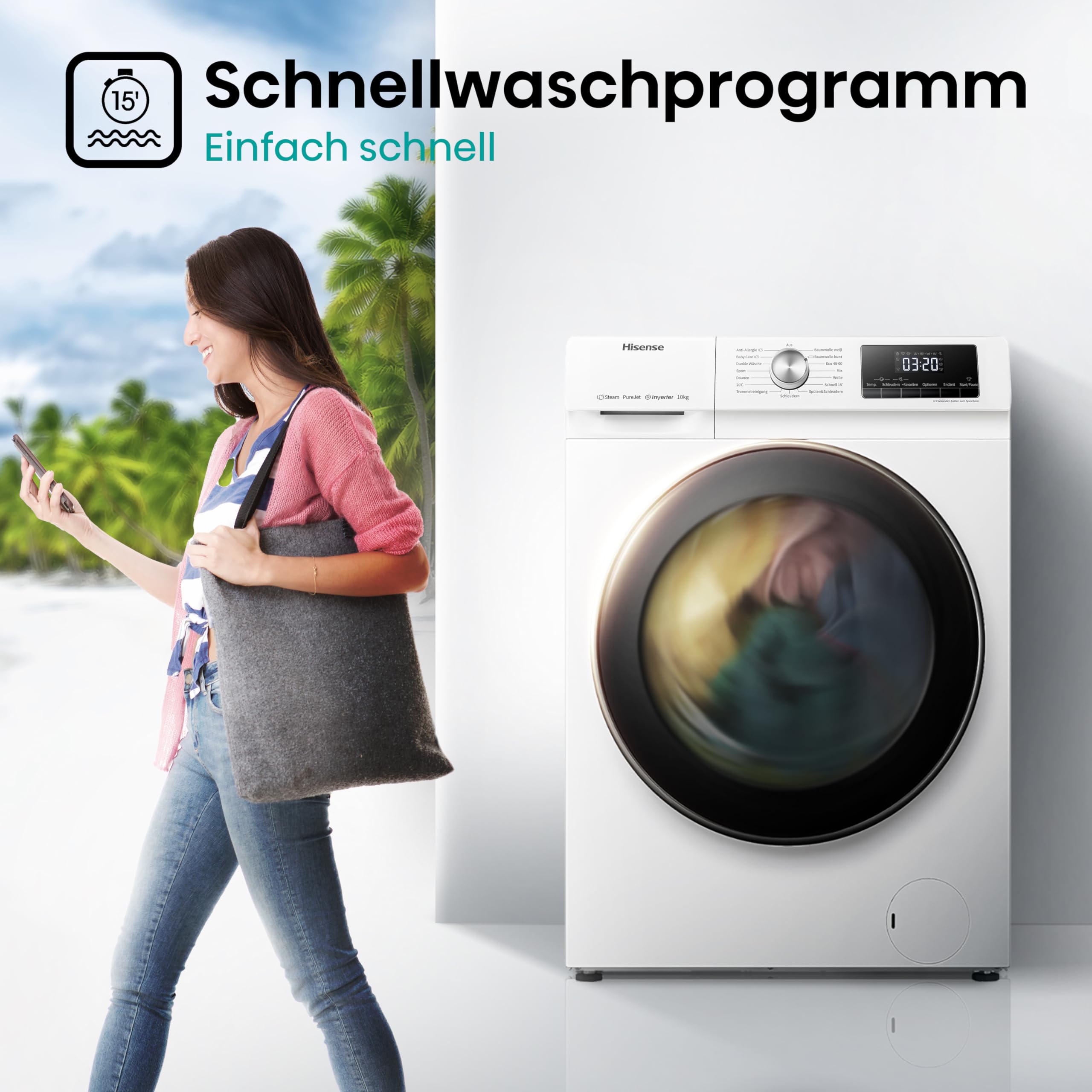 Hisense WFQA1014EVJM Waschmaschine mit Dampffunktion/10 kg/AquaStop /1400 U/min /15 Programme/Inverter PowerDrive Motor/Edelstahltrommel/Kindersicherung/Trommelreinigung/Weiß