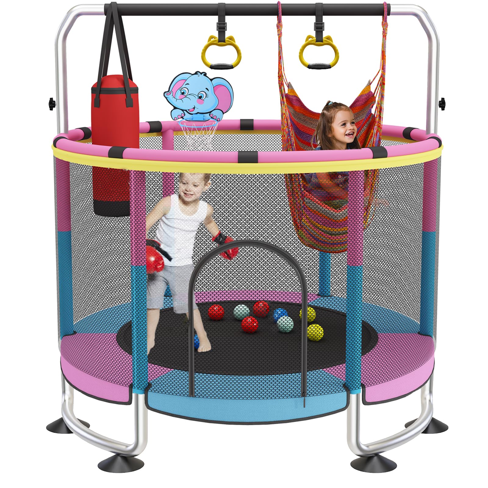 Trampolin Kinder, 150cm Kinder Trampolin Outdoor/Indoor, 200kg verstellbares,mit Basketballkorb und Gehäuse,Geschenke für Jungen und Mädchen Rosa