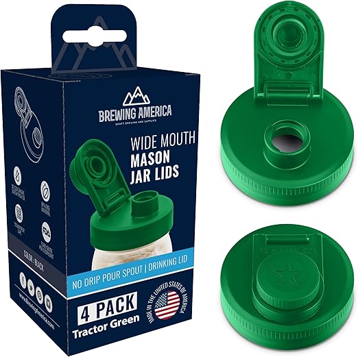 Mason Jar Lids Wide Mouth Plastic 4 Pack - With Flip Cap Screw Top Pouring Spout and Drink Hole - Fits Kerr and Ball Canning Jars - Wet/Dry Food and Liquid Storage - MADE IN USA (Tractor Green)