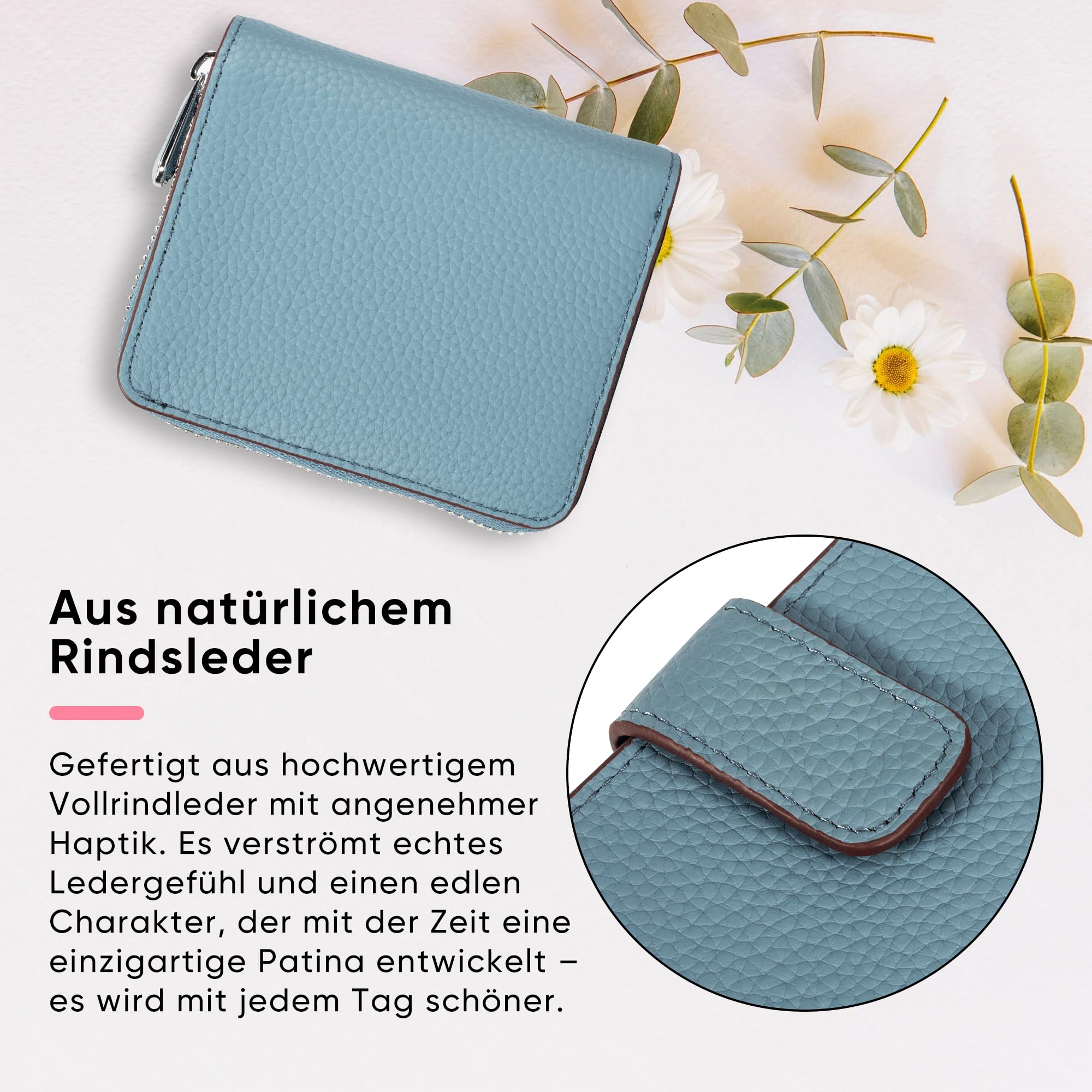Geldbörse Damen mittelgroß aus Echtem Leder Slim RFID Portemonnaie mit 15 Kartenfächern und Münzfach Portmonee als Geschenkidee(Graublau)