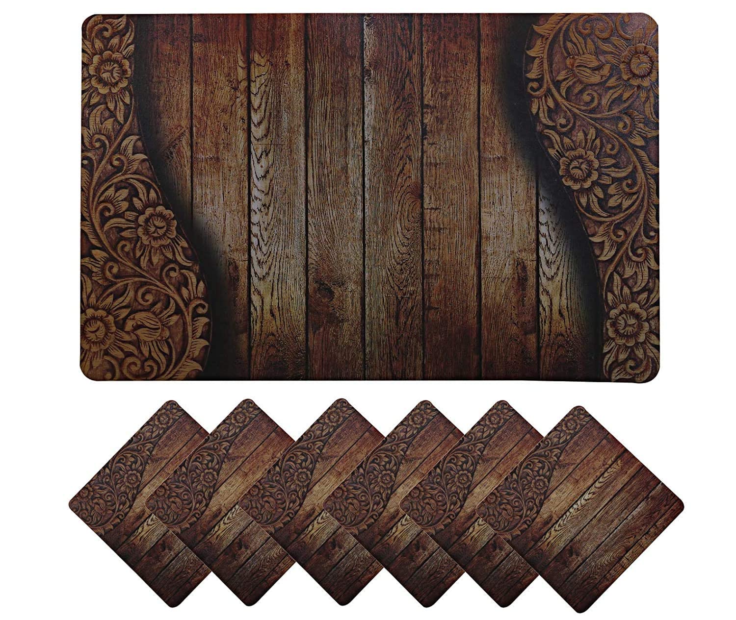 Kuber Industries Wooden Design PVC 6 Piece Dining Table Placemat Set with Tea Coasters - Brown