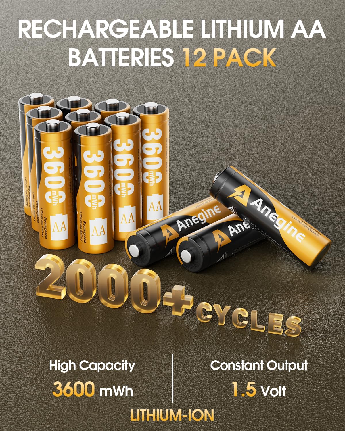 anegine Paquete de 12 pilas AA recargables de litio con cargador rápido, 3600 mWh, 1,5 V, baterías de iones de litio AA de alta potencia, baterías AA de iones de litio de salida constante, tiempos de