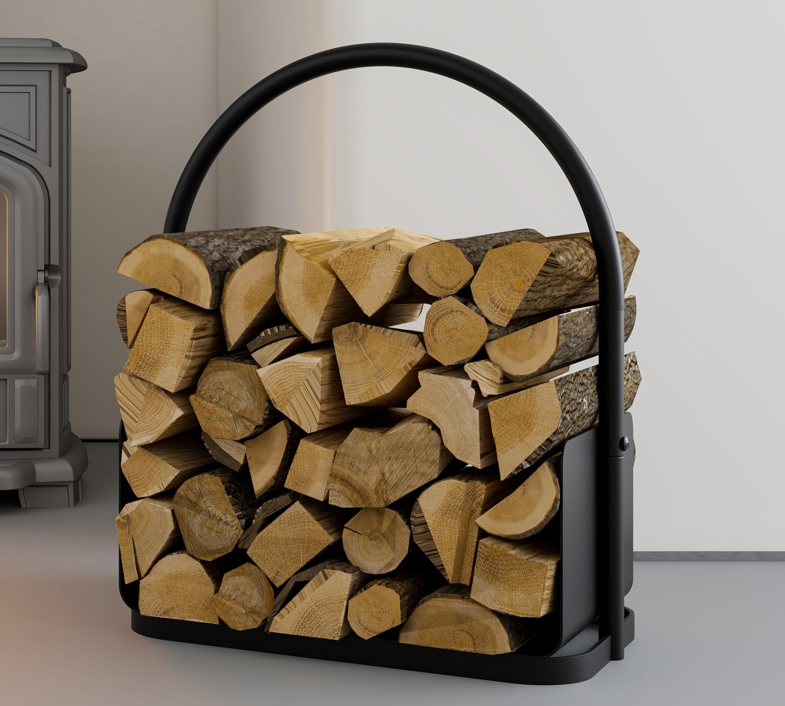 Kingson Panier à bois de cheminée – Porte-bûches en acier à revêtement poudré noir avec poignée et bord surélevé – 42 x 28 x 42 cm – Étagère de rangement de bois pour cheminée intérieure et extérieure
