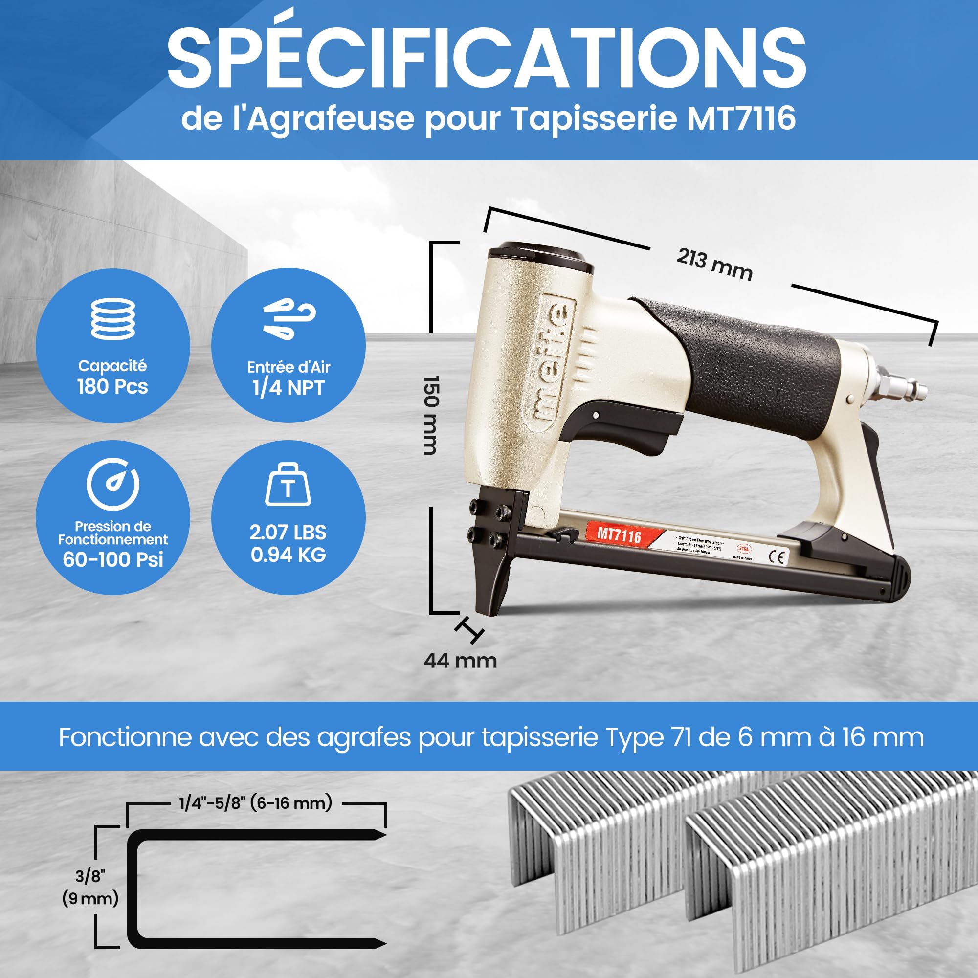 meite MT7116 Agrafeuse Tapissier Pneumatique, Utilise des Agrafes de Type 71, Agrafes 6 à 16 mm, Couronne 9,1 mm – Pression de Travail 4–7 bar – Agrafeuse Pneumatique Pour Meubles et Travail du Bois