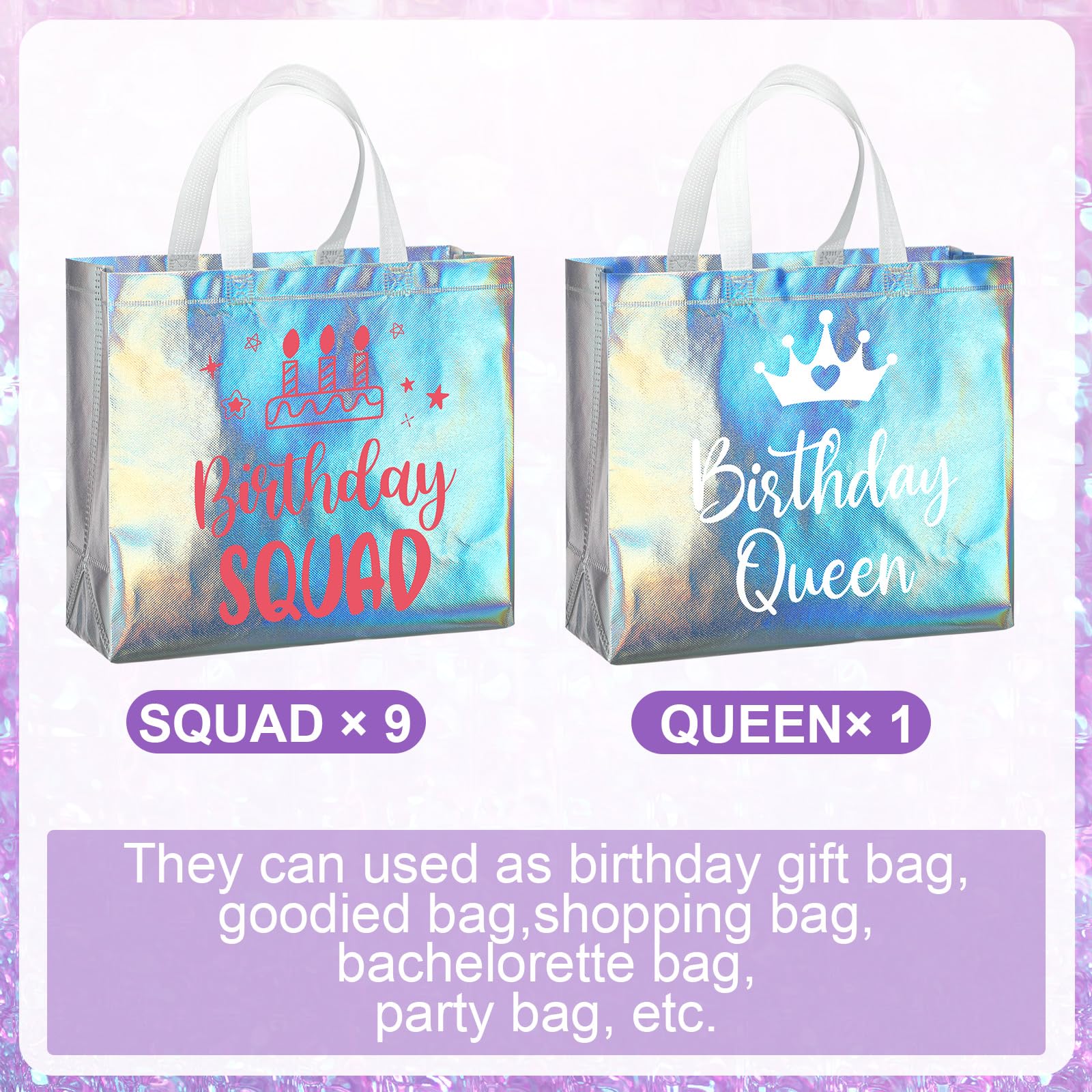 Clysee 10 Pack Reusable Birthday Squad Birthday Queen Gift Bag with Handle Large Tote Bag for Women(Iridescent Color)