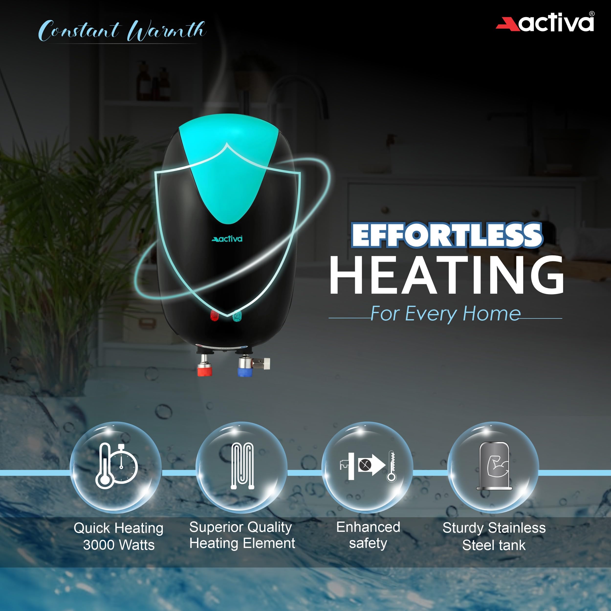 ACTIVA 3L Instant Water Heater Geyser 3kW ISI Copper Element 304L SS Tank Anti Rust Coating Auto Cut Off ABS Body BEE 5 Star Fast Heating Compact Bathroom Kitchen Use 5 Year Warranty Green Black 1
