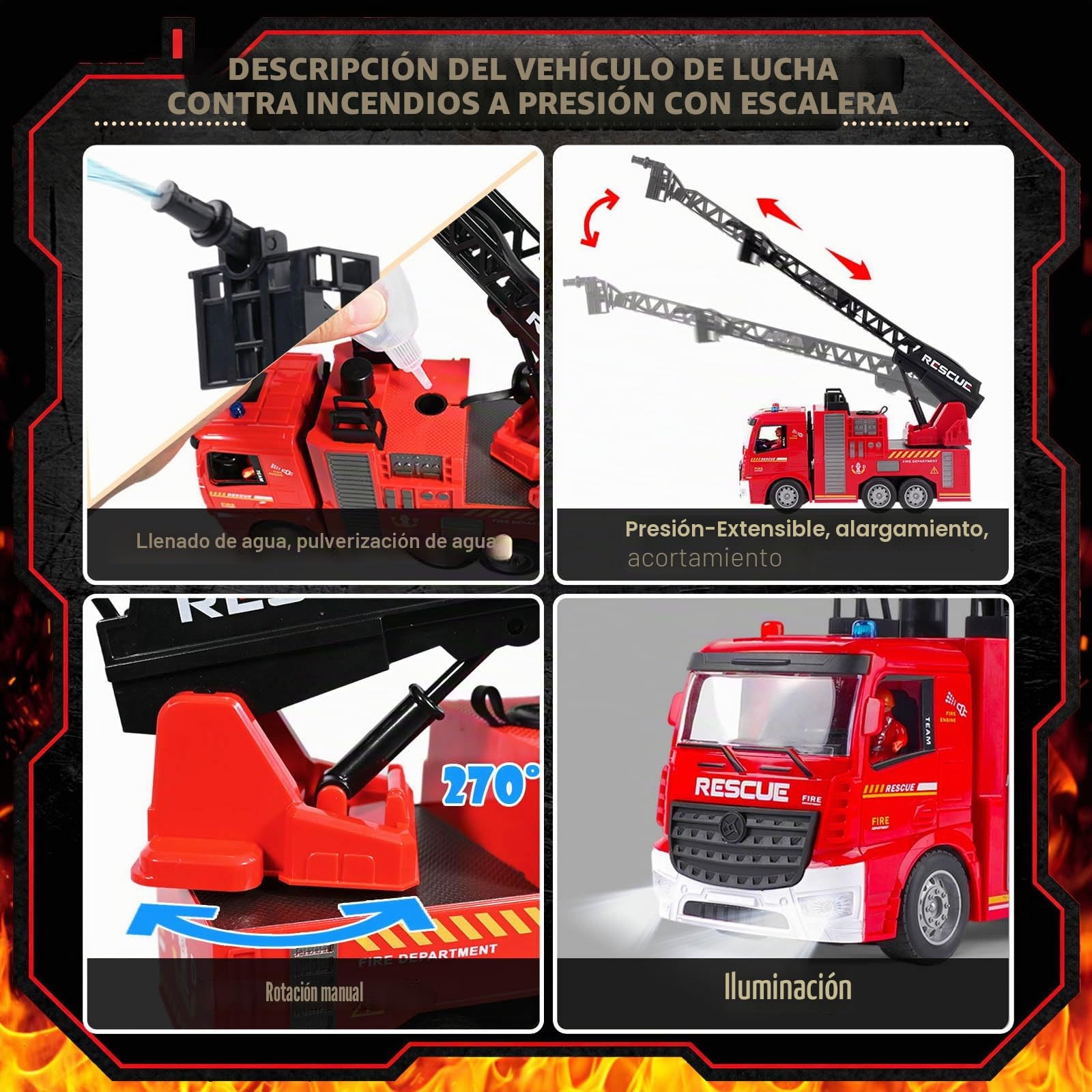 HILKKET 2 Camion Bomberos Juguete con Luces, Sonidos, Escalera y Manguera, Set de Camión de Bomberos con 2 Bomberos, 4 Cubos y 1 Extintor, Set de Juguetes de Bomberos para Niños