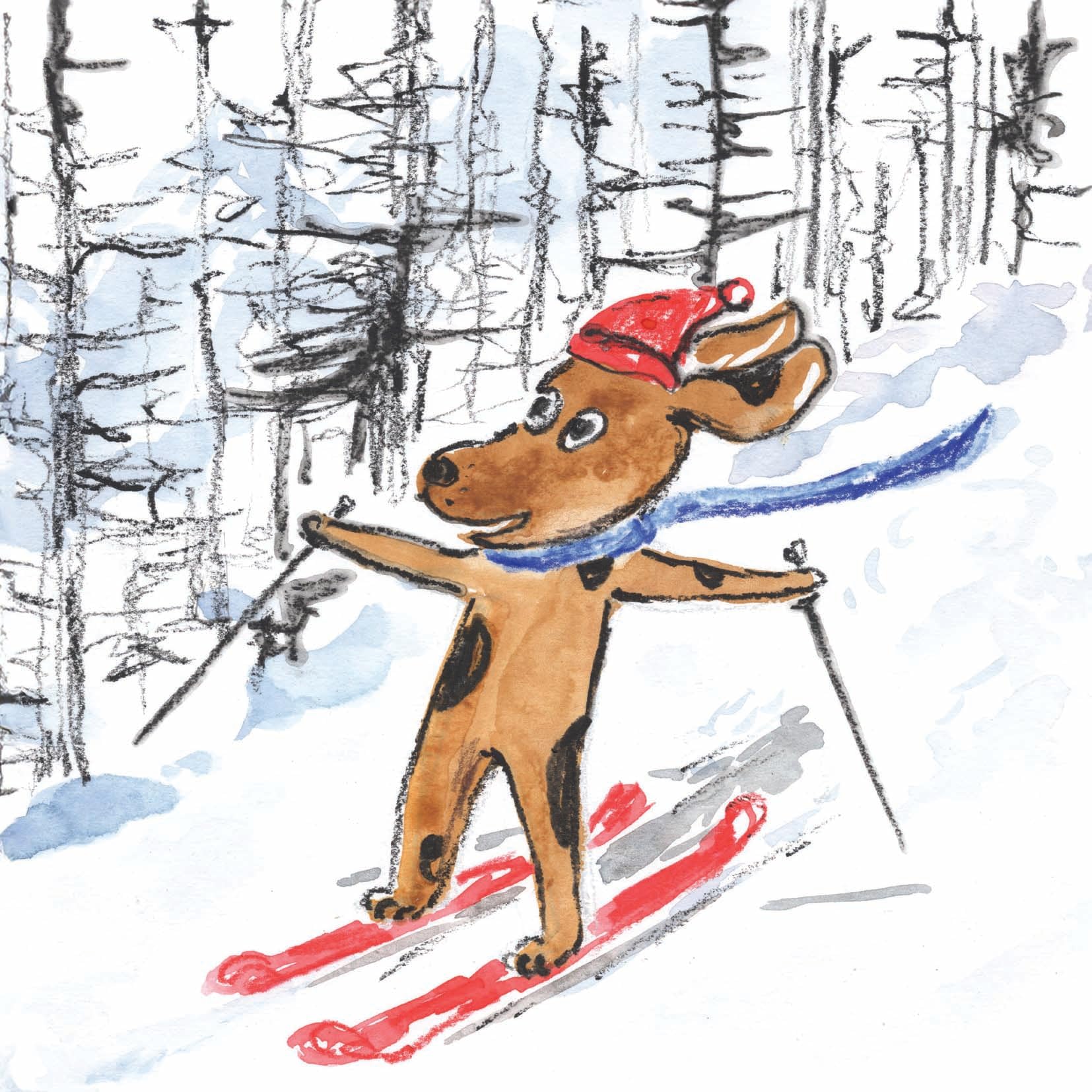 Pack of 10 Festive Charity Christmas & Happy New Year Cards with Envelopes - 14x14cm - Eco-Friendly & Recyclable (Skiing Dog - Matt)