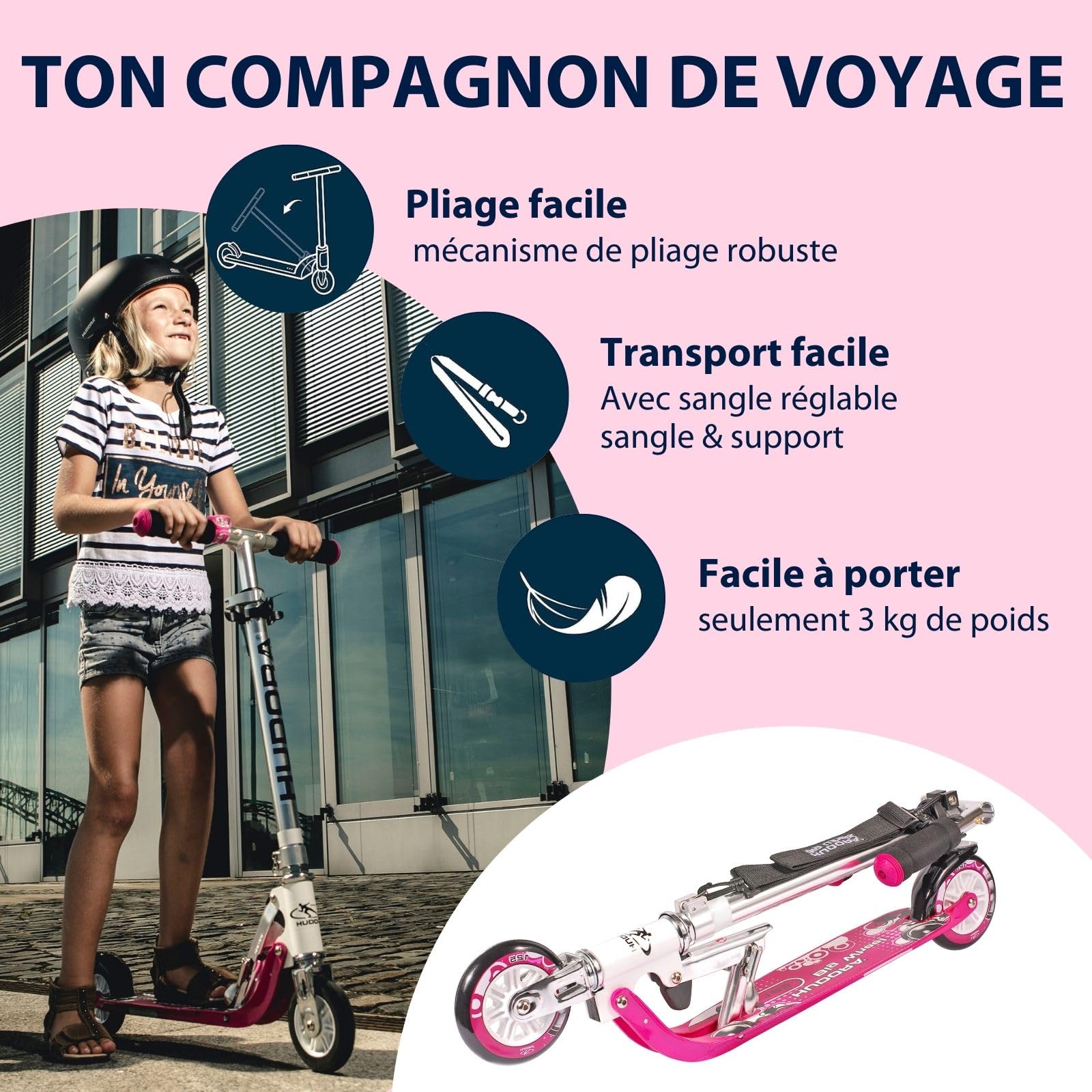 HUDORA BigWheel Scooter 125 - rose - Trottinette en aluminium sûre et de haute qualité pour enfants - Réglable en hauteur pour jusqu'à 100kg - Trottinette pliable stable avec sangle de transport