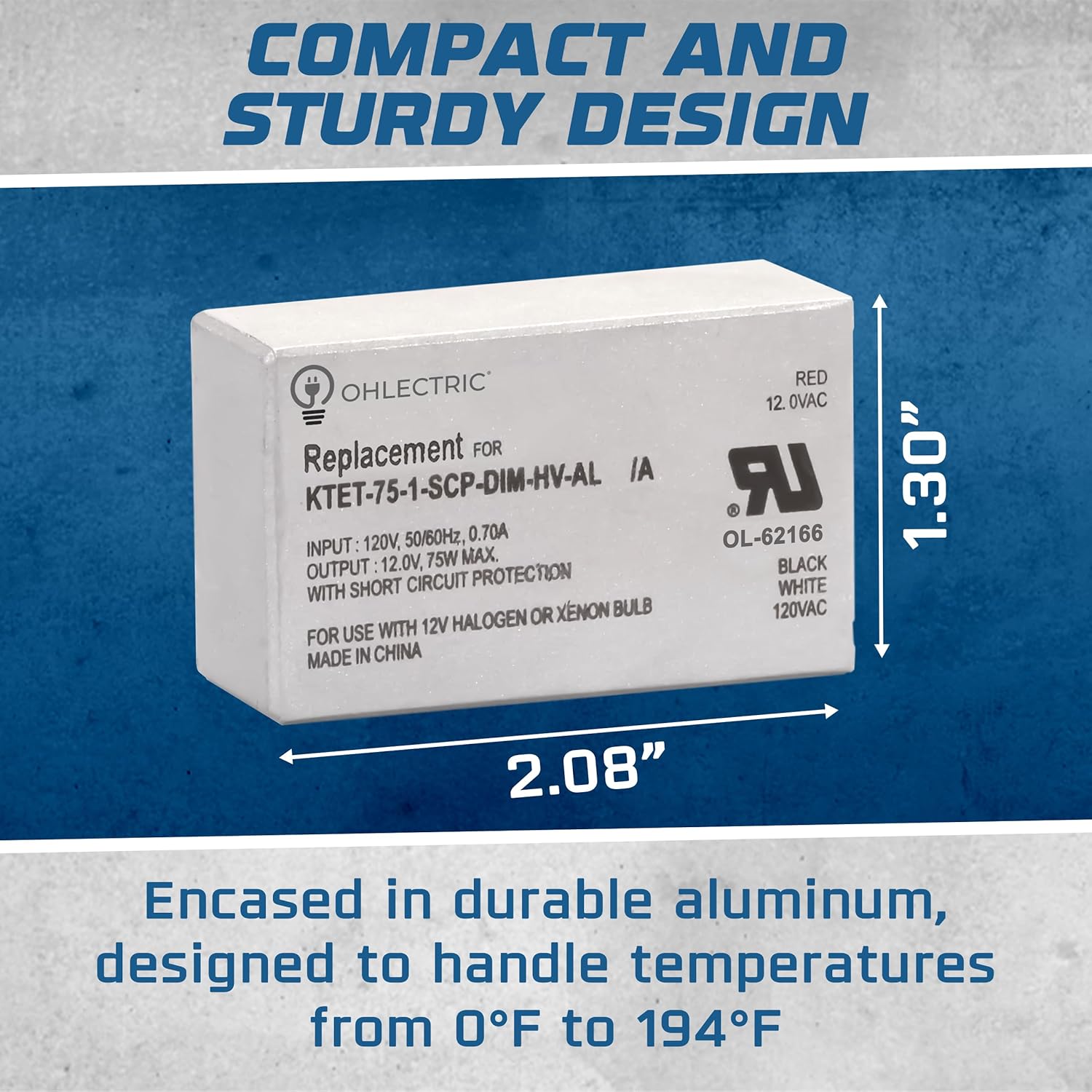 Replacement for Keystone KTET-75-1-SCP-DIM-HV-AL Dimmable Electronic Transformer – 75W High-Performance 120V Input, 12V Output - Compact Aluminium Case, Ideal for Track & Recessed Lighting