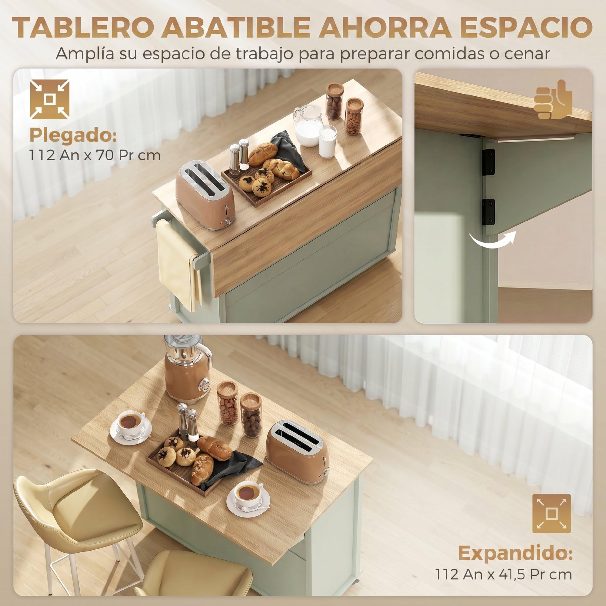 HOMCOM Isla de Cocina con Tablero Plegable y Ruedas, Carrito de Cocina con Estantes en la Puerta, Toallero, Armario, 2 Cajones, Estantes Abiertos, 117,5x70x91 cm, Verde Claro
