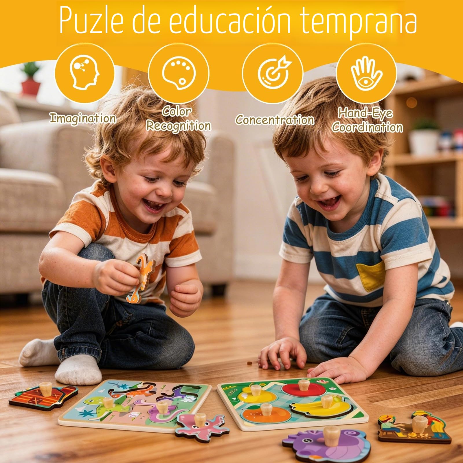 Puzzle Madera 1 2 Año, 4Pcs Puzzles Infantiles de Madera con Mango, Juguetes Montessori Bebe Puzzles Animal Frutas Educativos Rompecabezas Juguetes Regalo Navidad para Niños de 2 3 Años