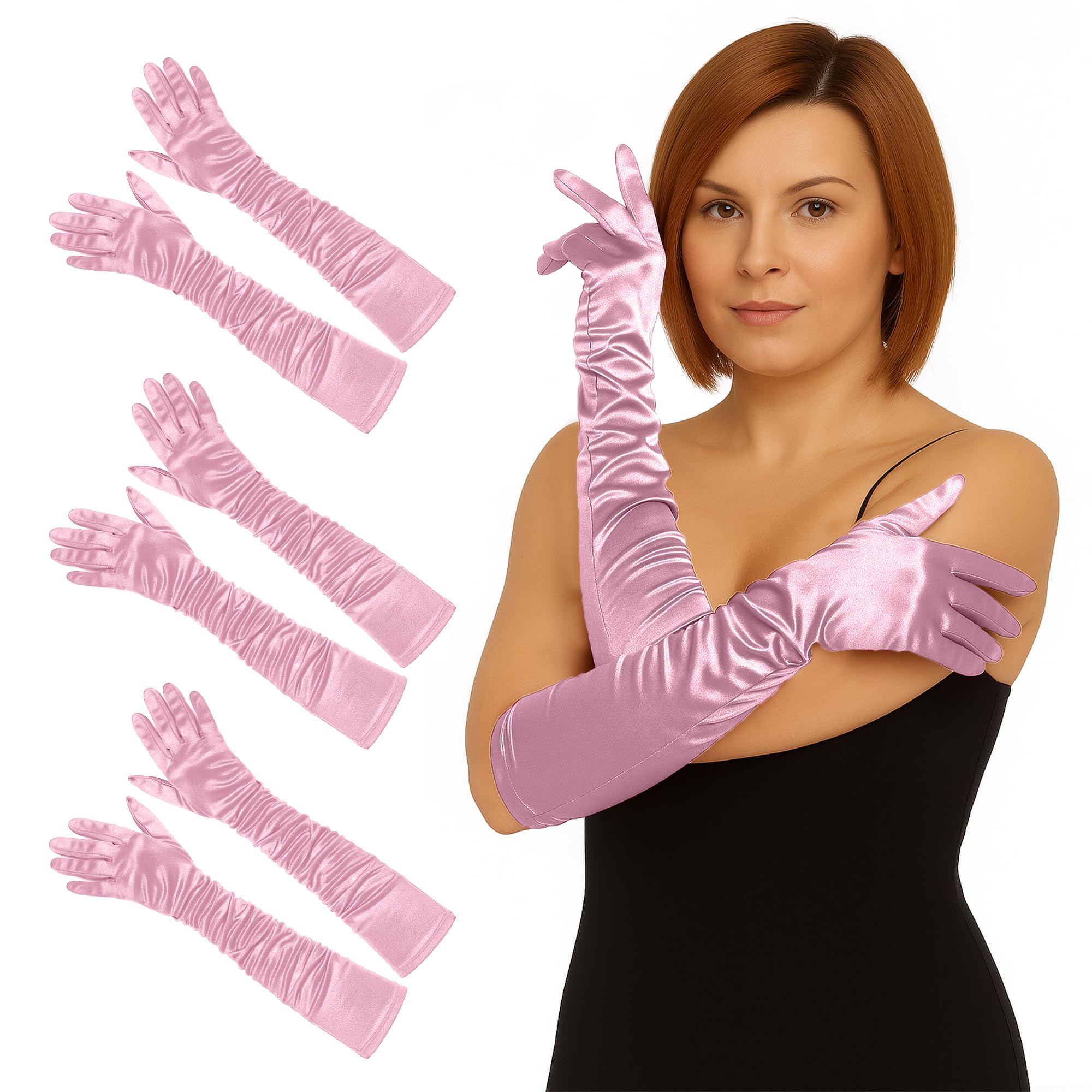 Womens Long Satin Gloves - Elbow Length Bridal Ruched Fancy Dress Wedding Evening Party Opera Gloves For Women UK, 3 P Light Pink