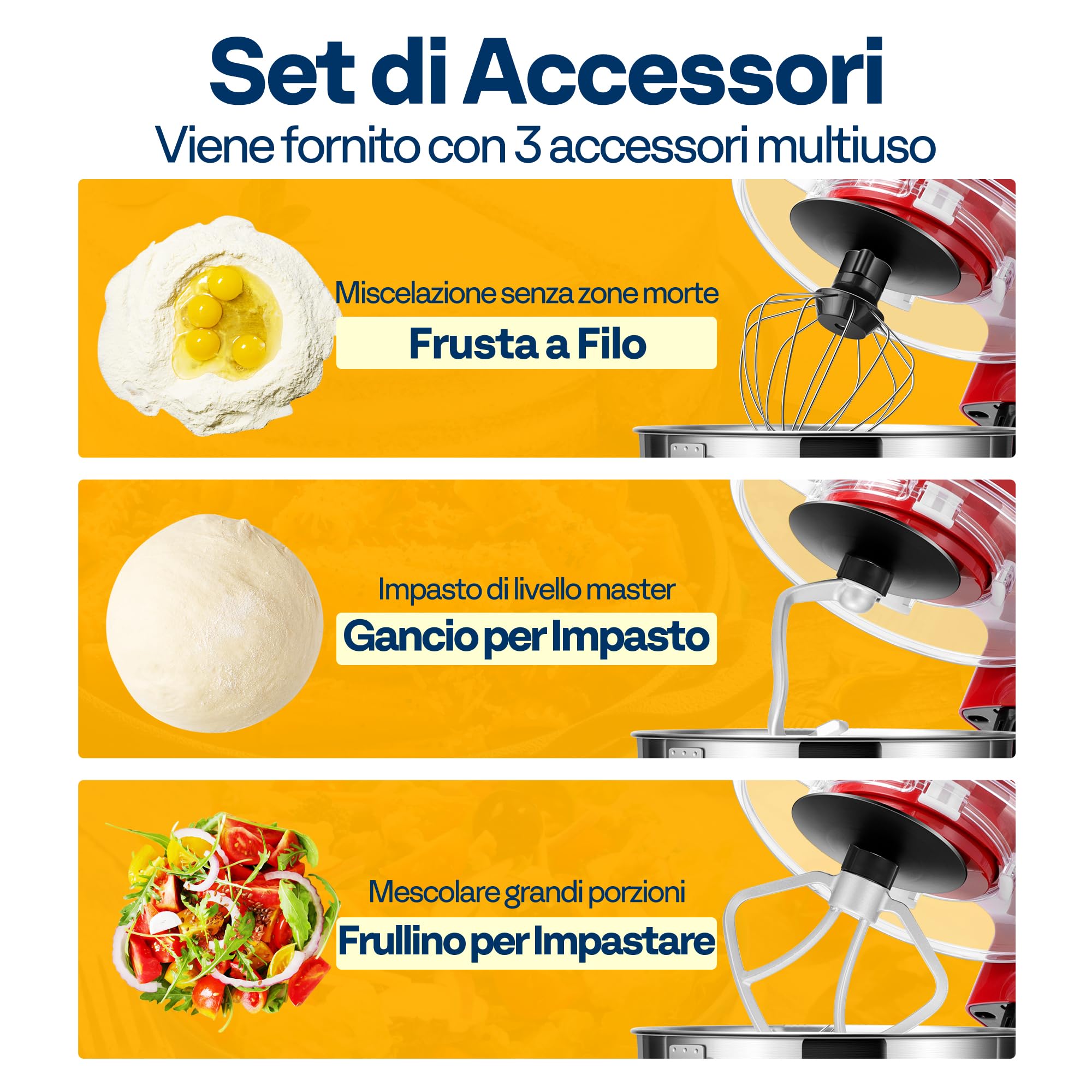 VIVOHOME Impastatrice Planetaria Professionale 5,7L 10 Velocità 1500W Contenitore in Acciaio Inox, Impastatore da Cucina Multifunzione con Gancio per Impastare Frusta per Dolci, Rosso