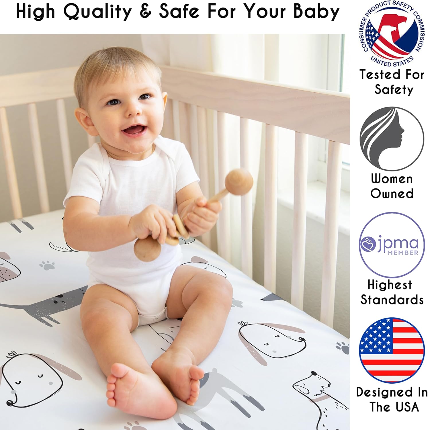 Sweet Jojo Designs 3-Piece Baby Crib Sheets Set (Dog) for Girls/Boys, Infant Nursery, Toddler Room - Fitted, Standard Size (Black/White Boho Hatch, Solid Onyx & Modern Puppy, Pet, Watercolor Puppies)