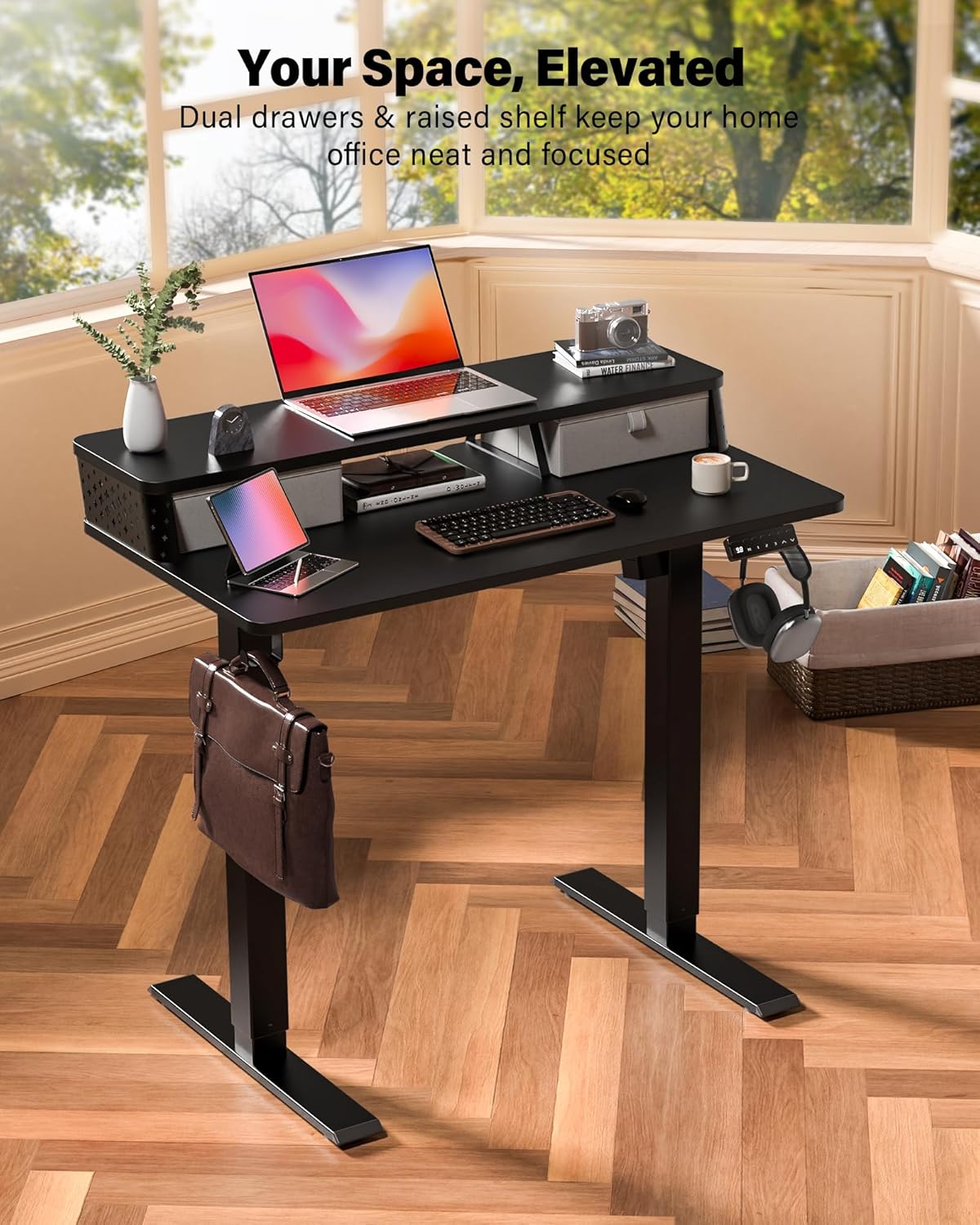 FiCiHi 35x20 Inch Standing Desk with Double Drawers, C-Clamp Mount Compatible, Electric Adjustable Height Computer Stand Up Desks, Home Office Sit Stand Table with 3 Preset Heights & 2 Hooks, Black