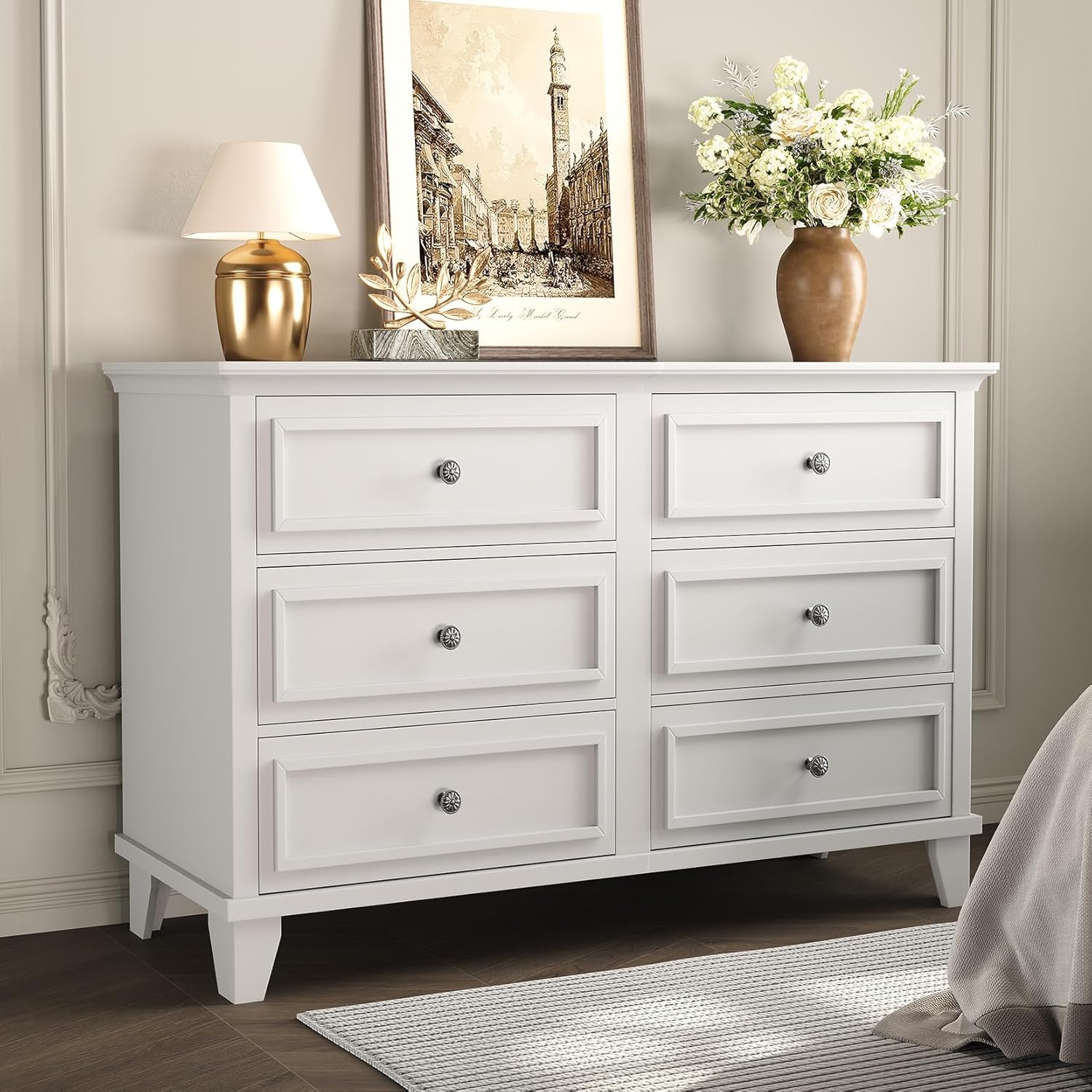 gaomon dresser for bedroom, 6 drawer wide dresser storage organizer, modern wooden chest of drawers with metal handles for hallway, entryway, home office, white white 16"d x 47"w x 33"h (6 drawers)