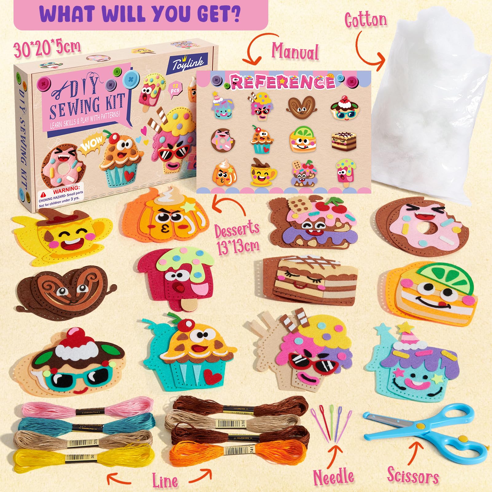 TUZT Kit Couture Enfant 12 DIY Desserts Bricolage avec Couture en Feutre & Aiguilles Plastique Loisir Créatif Jouet Cadeau pour Garçon Fille 5-10 Ans