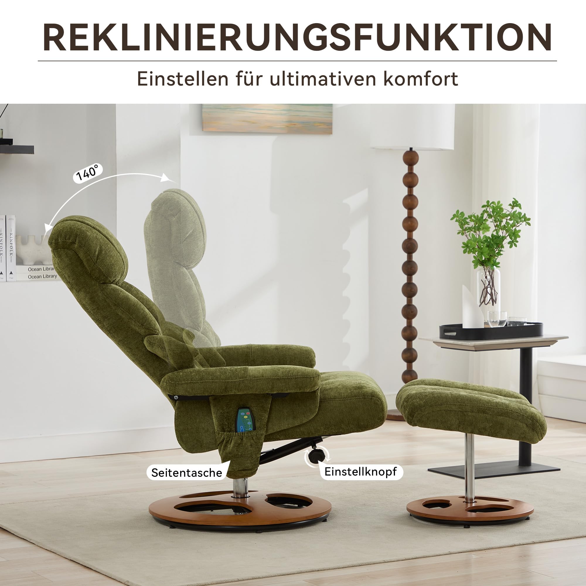 LAKFEW Sillon Relax Reclinable Electrico con Reposapiés, Sillon Relax Girar 360° con Masaje y Función de Calefacción, Sillón Reclinable Butaca Sillones para el Salón, Chenilla, 81x126x111 cm, Verde