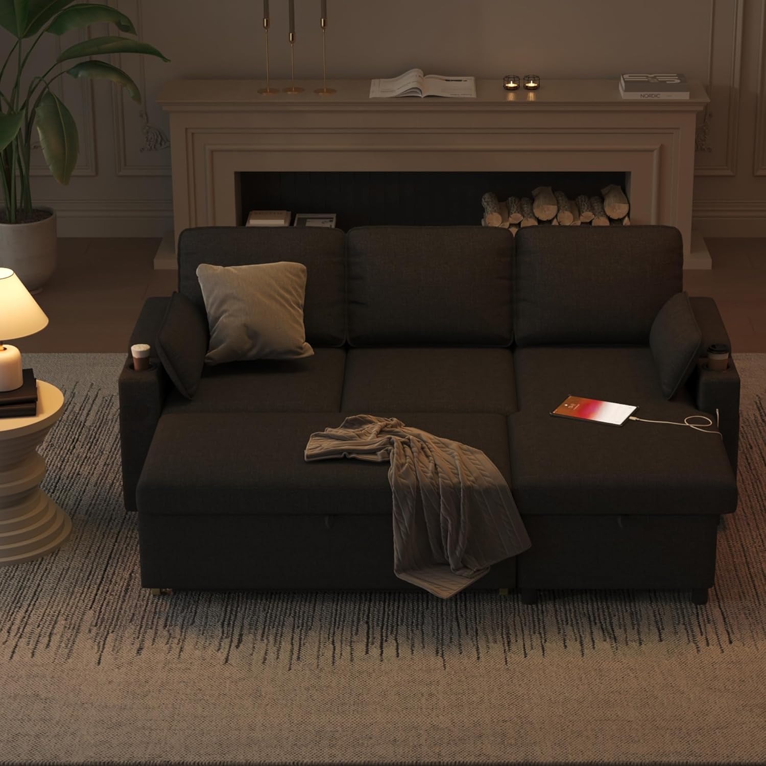 DURASPACE Sofa Bed Sleeper Pull Out 2 in 1 Sectional Sleeper Sofa Couches with Storage,USB, Cup Holder,Pullout Sectional Couches for Apartment Living Room (Dark Gray) Dark Gray 81'' L shape sofa