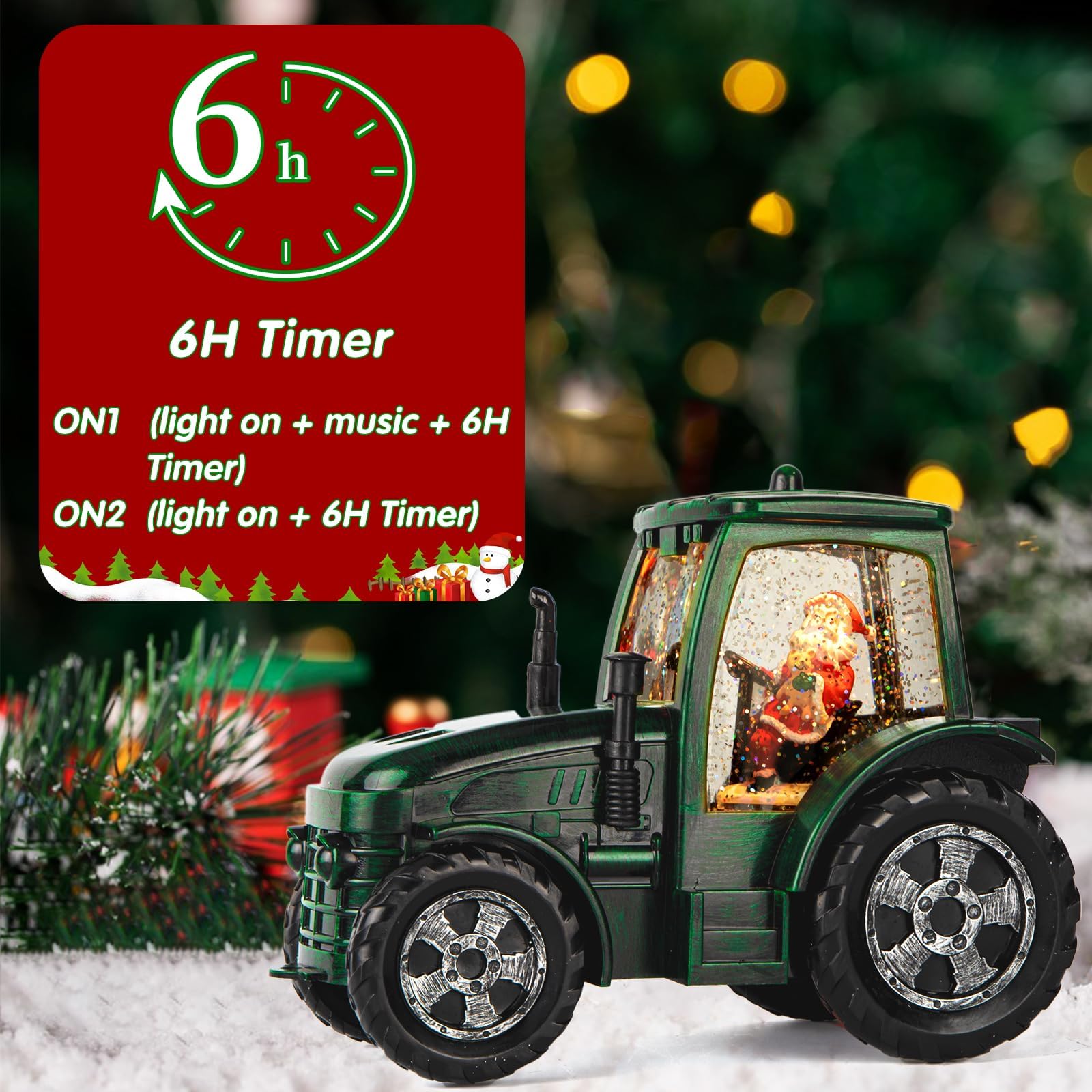 Boule à Neige de Noël, Tracteur Vert, minuterie 6h, Lanterne de Noël Musicale éclairée par Piles et USB, décoration de Noël à Paillettes, Cadeaux pour Vieil Homme, père