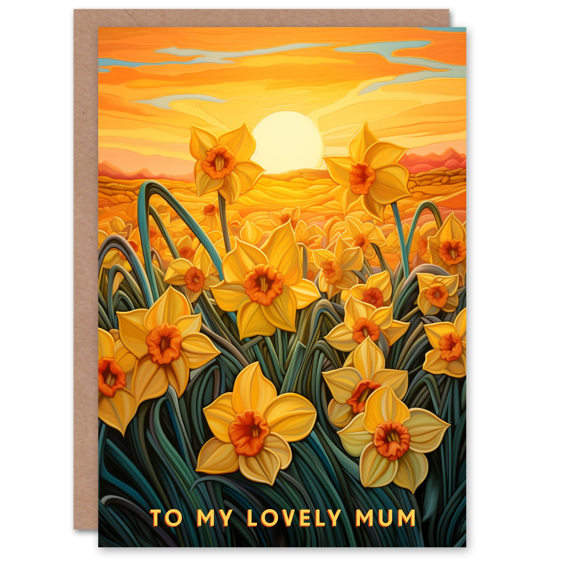 Artery8 Mother's Day Greeting Card Daffodil Flower Field Sunset Lovely Mum