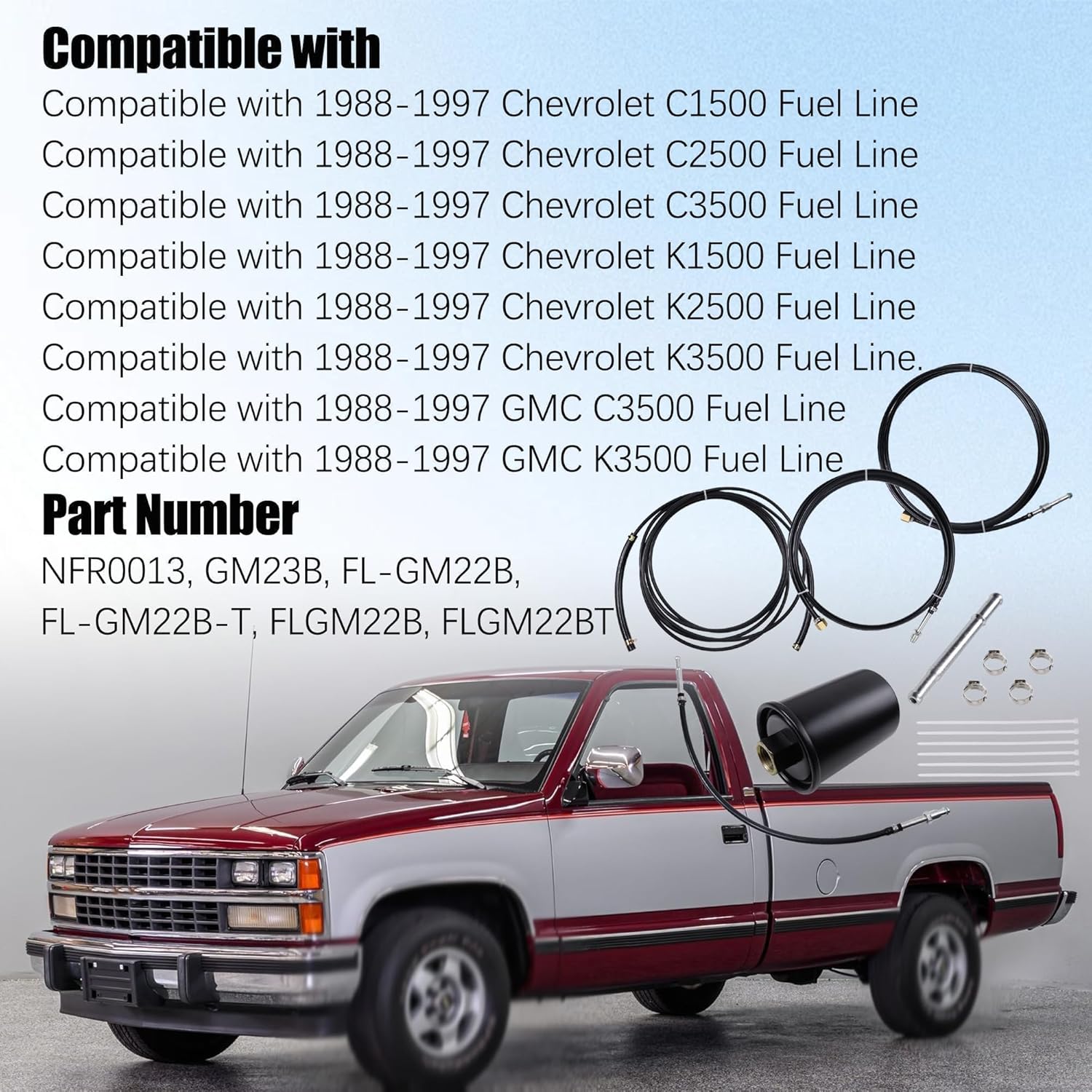 NFR0013 Nylon Fuel Line Compatible With Chevrolet GMC Trucks 1988-1997 C1500 C2500 C3500 K1500 K2500 K3500 Flexible Stainless Steel Braided Fuel Hose Set GM23B, FL-GM22B, FL-GM22B-T