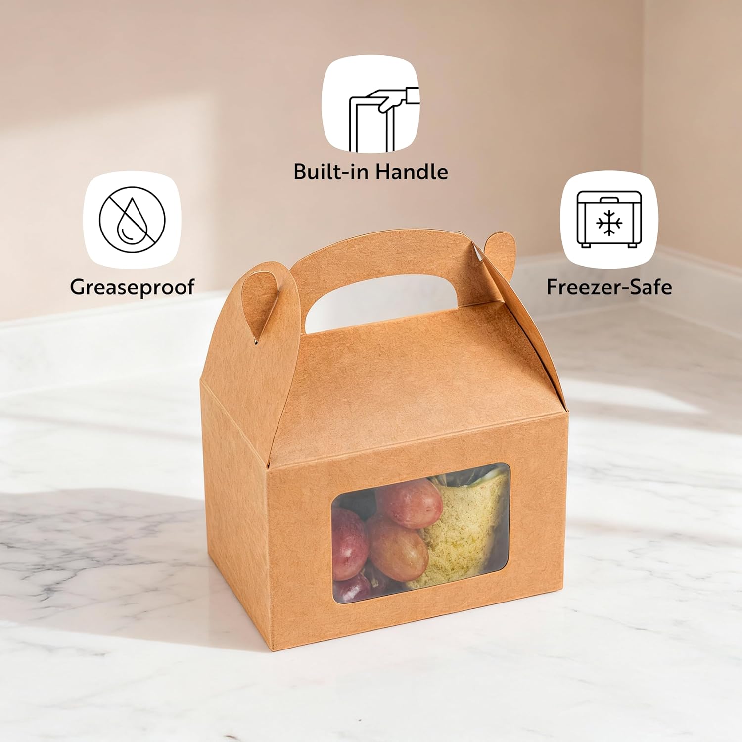 Bio Tek 4 x 2.5 x 2.5 Inch Gable Boxes For Party Favors, 25 Attractive Gift Boxes - Clear PET Window, Built-In Handle, Kraft Paper Gable Boxes, Greaseproof, For Parties