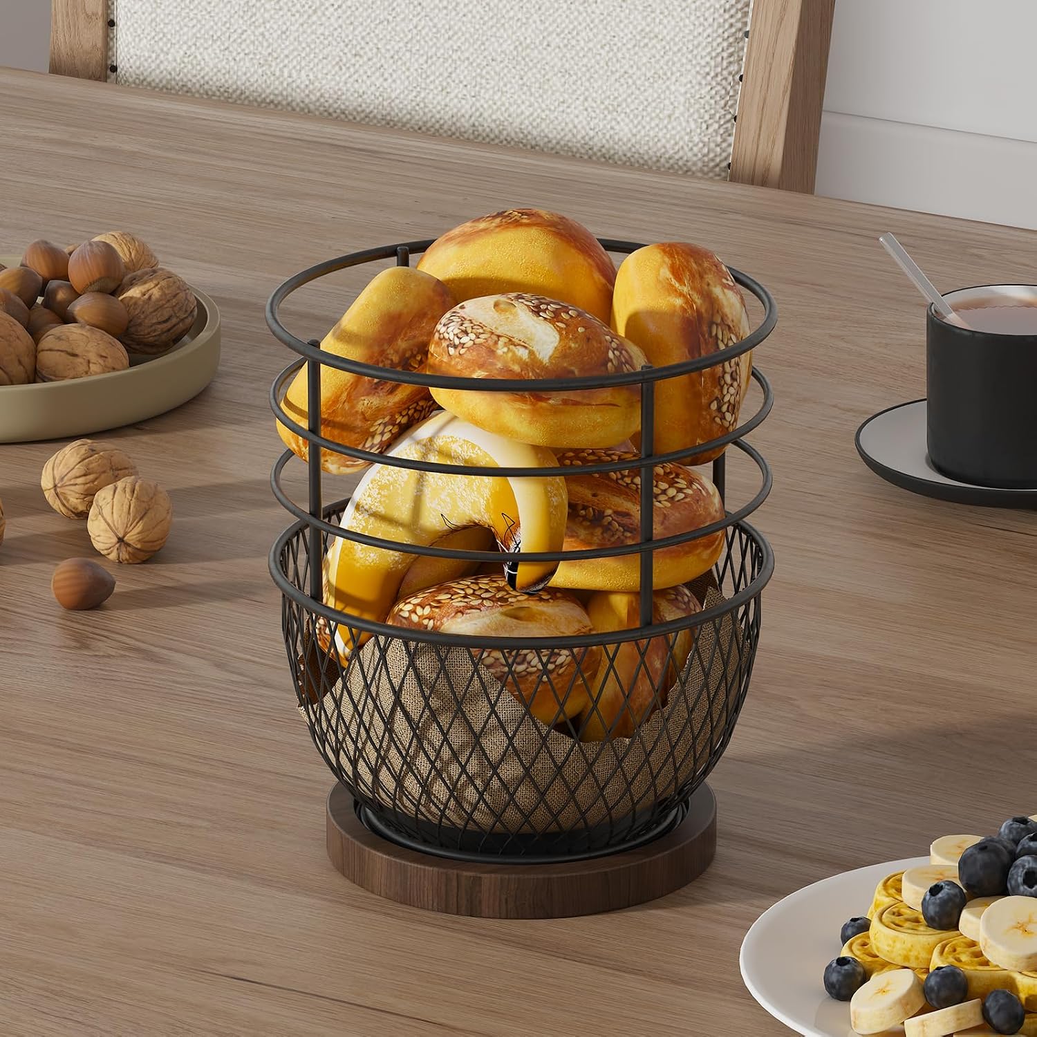 360° Rotating Utensil Holder, Iron Kitchen Organizer with Wooden Base
