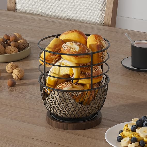 360 Rotating Utensil Holder, Iron Kitchen Organizer with Wooden Base