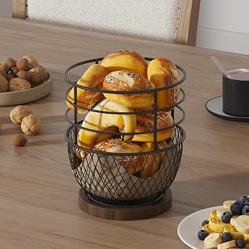 360 Rotating Utensil Holder, Iron Kitchen Organizer with Wooden Base