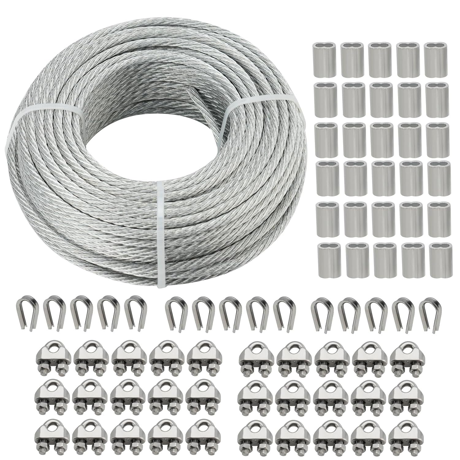 3/16 Galvanized Steel Wire Rope 150ft Steel Cable Kit 7x7Aircraft Cable with Stainless Clamp Thimbles Crimping Loop Sleeve, for Clothes Line, Yard Zipline Kit, Anchored Shed Rope,Lights Hanging