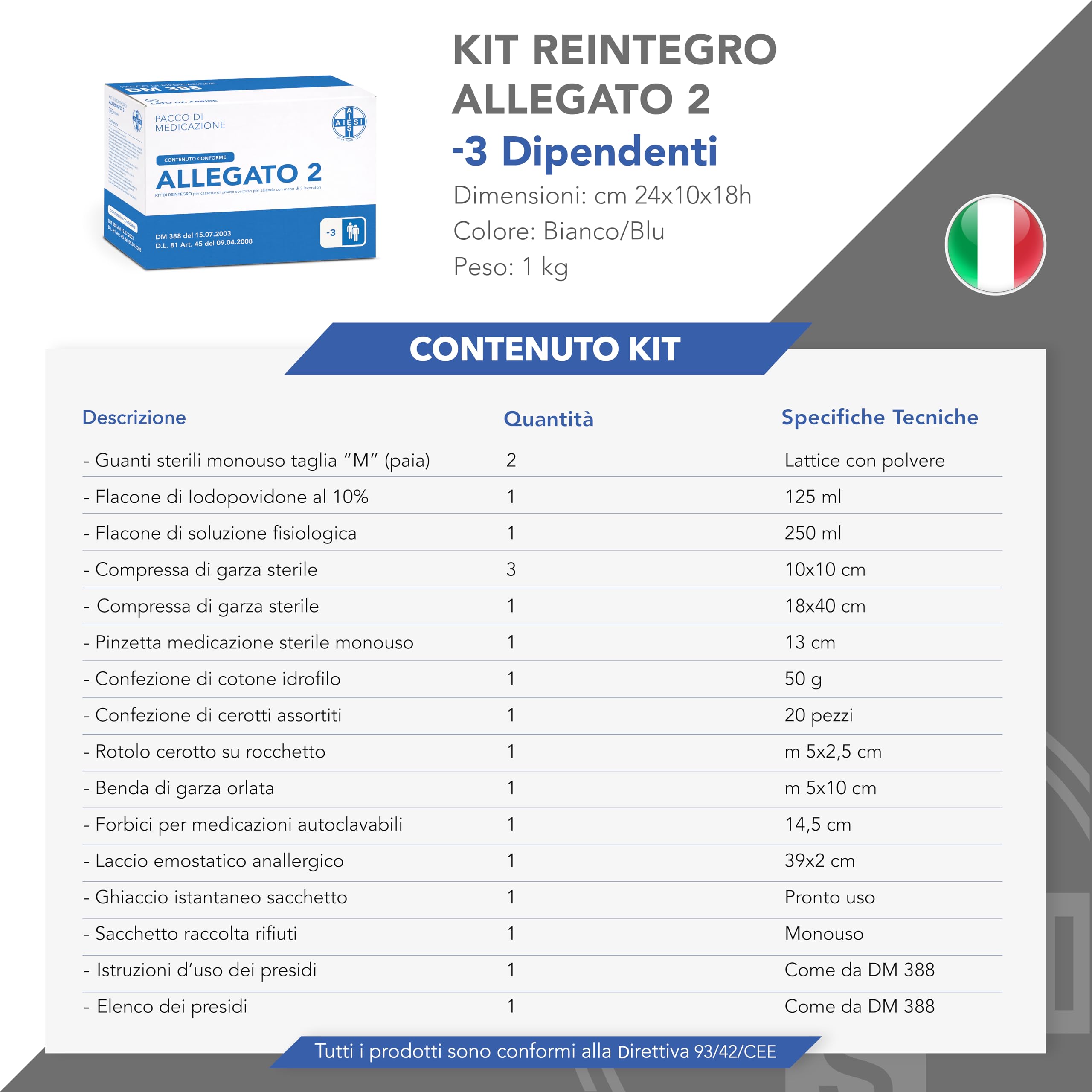 AIESI® kit di reintegro ALLEGATO 2 pacco medicazione per cassetta pronto soccorso aziende meno 3 dipendenti, Conforme DM388/DL81, Made in Italy