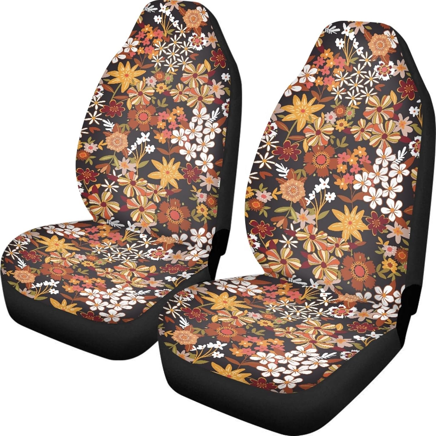 Hippie Flowers Print Universal Car Seat Cover for Women,Cute Bucket Front Seat Covers for Most Cars,Hippie Flower Car Accessories