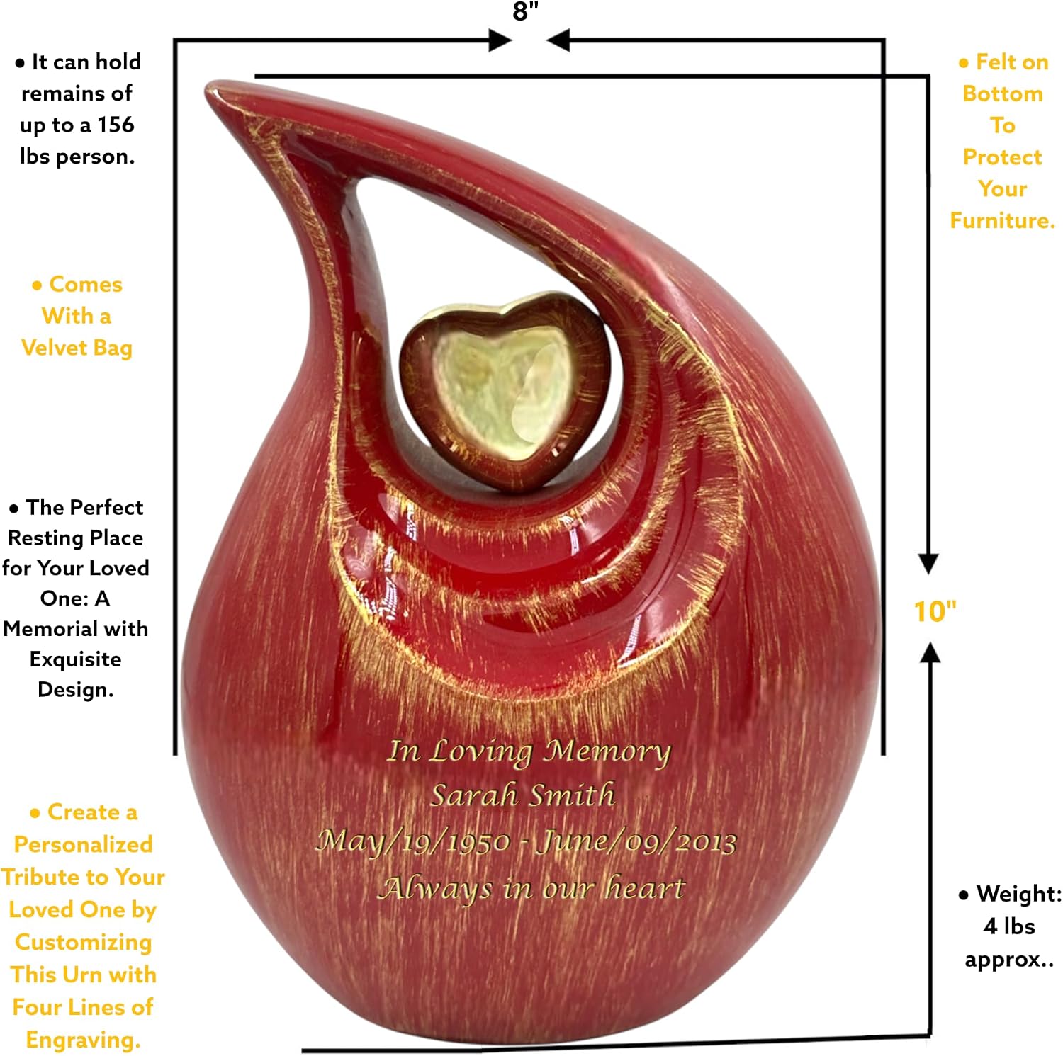 156 Cu in Red & Gold Teardrop Cremation Urn – Elegant Adult Urn for Human Ashes with Golden Heart – Handcrafted Memorial Urn
