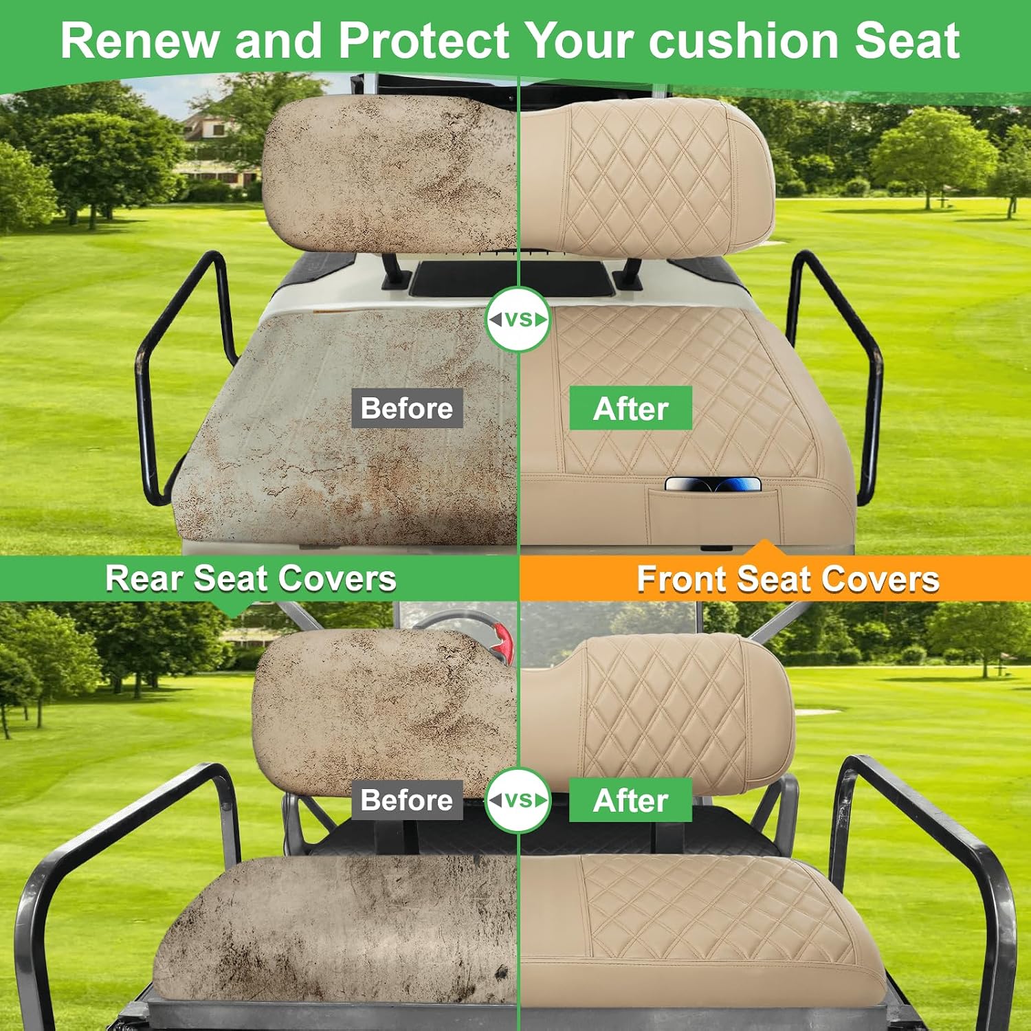 4PCS Golf Cart Seat Covers Front and Rear Set Fit for Club Car DS 2000.5 Up OEM Standard Seat Thick Leather Custom Diamond Comfortable, Anti-Scratch, No Staples Beige
