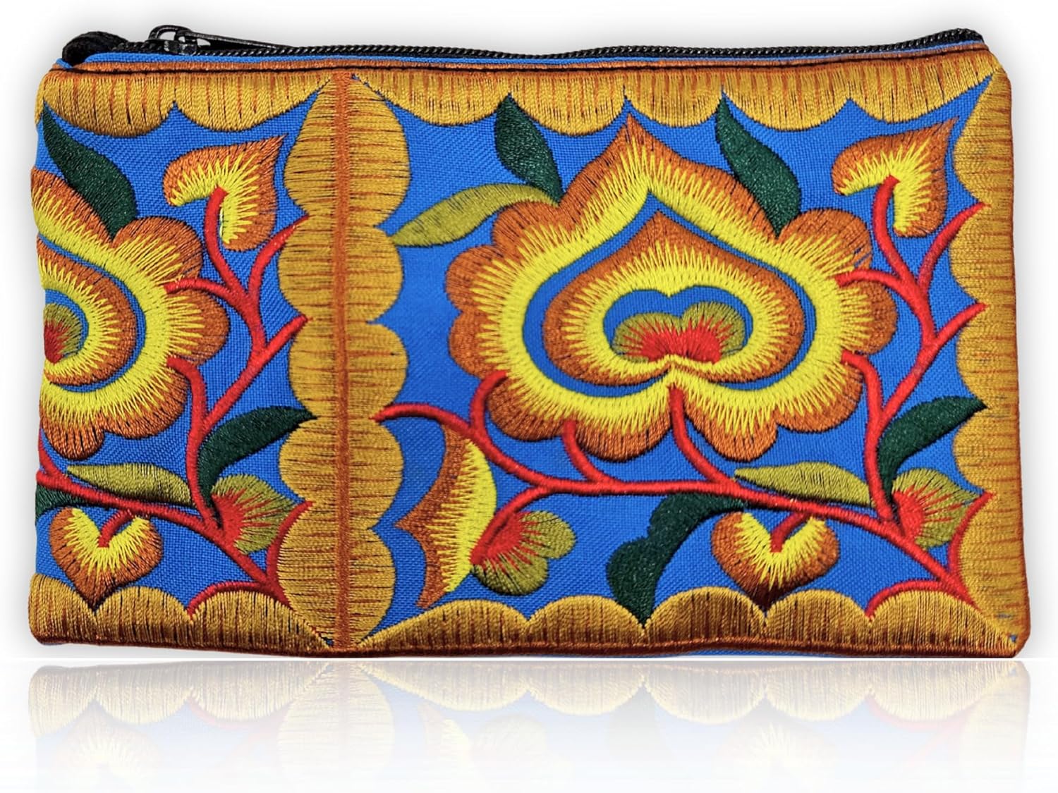 Sabai Jai - Mini Floral Wristlet Wallet for Women - Small Handmade Boho Change Purse Pouch (Gold/Blue)