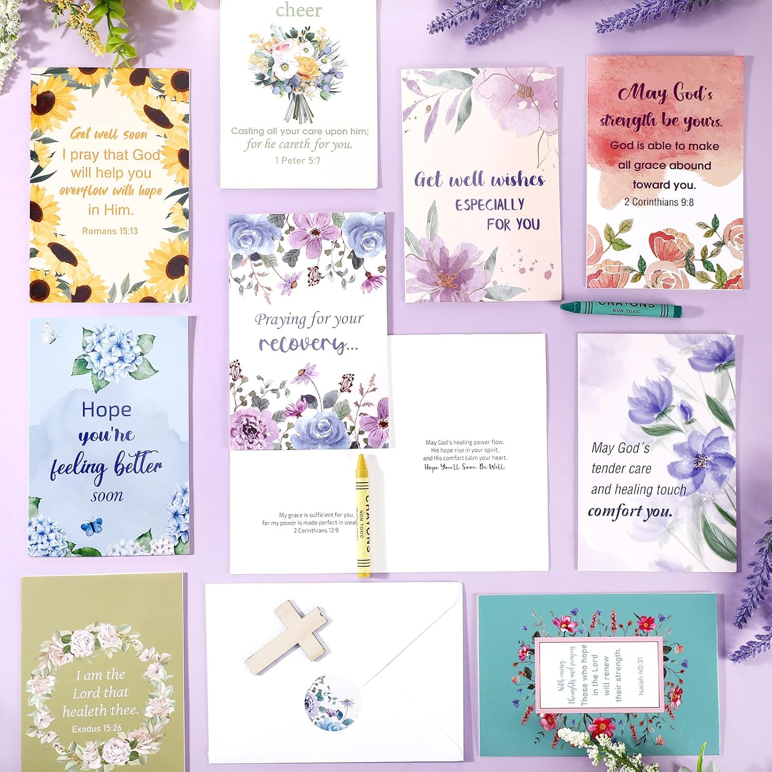 Dunzoom 100 Pack Religious Get Well Soon Card Bulk Set with Envelopes Stickers 10 Designs Assort Christian Get Well Soon Greeting Cards with Scripture Inspirational Blessing 4 x 6 (Watercolor Floral)
