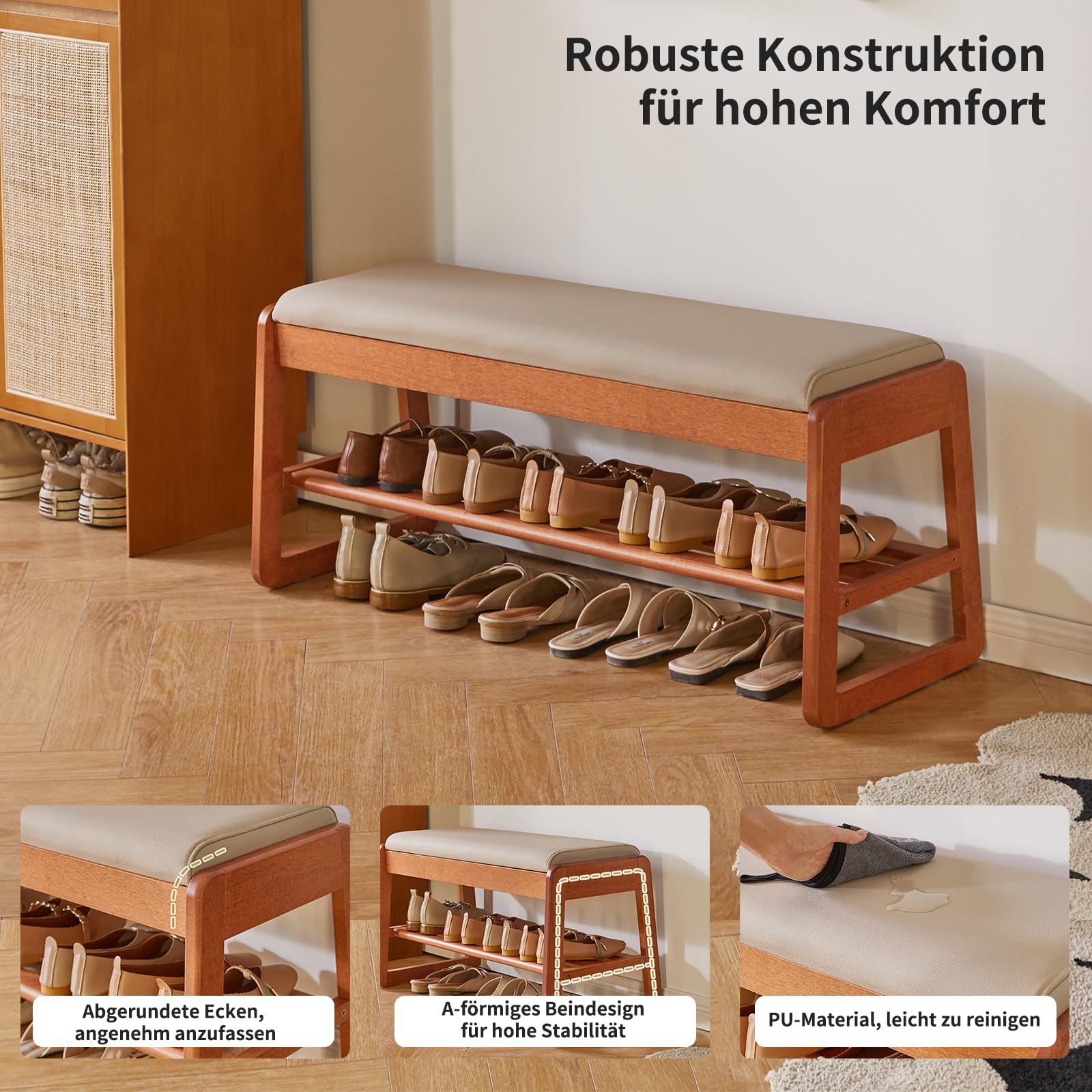 Aibiju Schuhbank mit Kissen, Aufbewahrungsbank mit gepolsterter Sitzfläche, 100 cm Schuhregal für Eingangsbereich, Wohnzimmer, Flur, Schlafzimmer, Kirschholzfarbe YD-WD062C