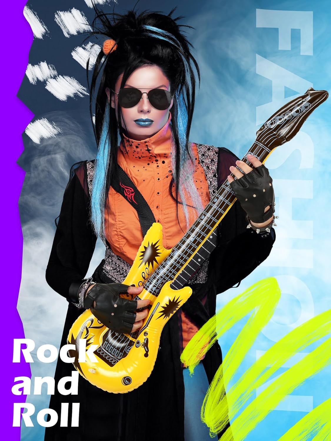 Mepase 12 Pcs 80s Rocker Costume for Men Including Hippie Wig, Sunglasses, Pants Chain, Bracelet, Headband, Tattoo Sleeve, Biker Glove and Guitar Props Punk Party Accessories - Image 5