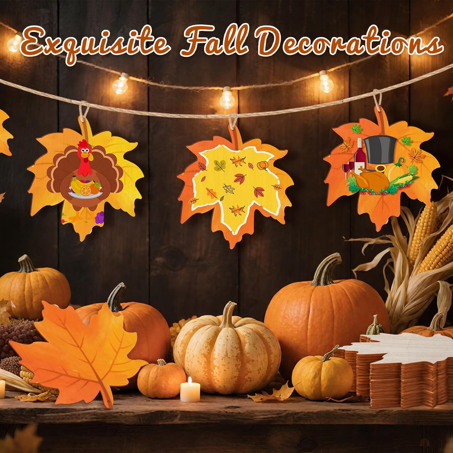 36 Pack Unfinished Wooden Maple Leaf, Maple Leaf Wood Cutouts Crafts to Paint, Fall Halloween Thanksgiving Decoration with Hole Hemp Rope for Hanging Decoration - Image 3