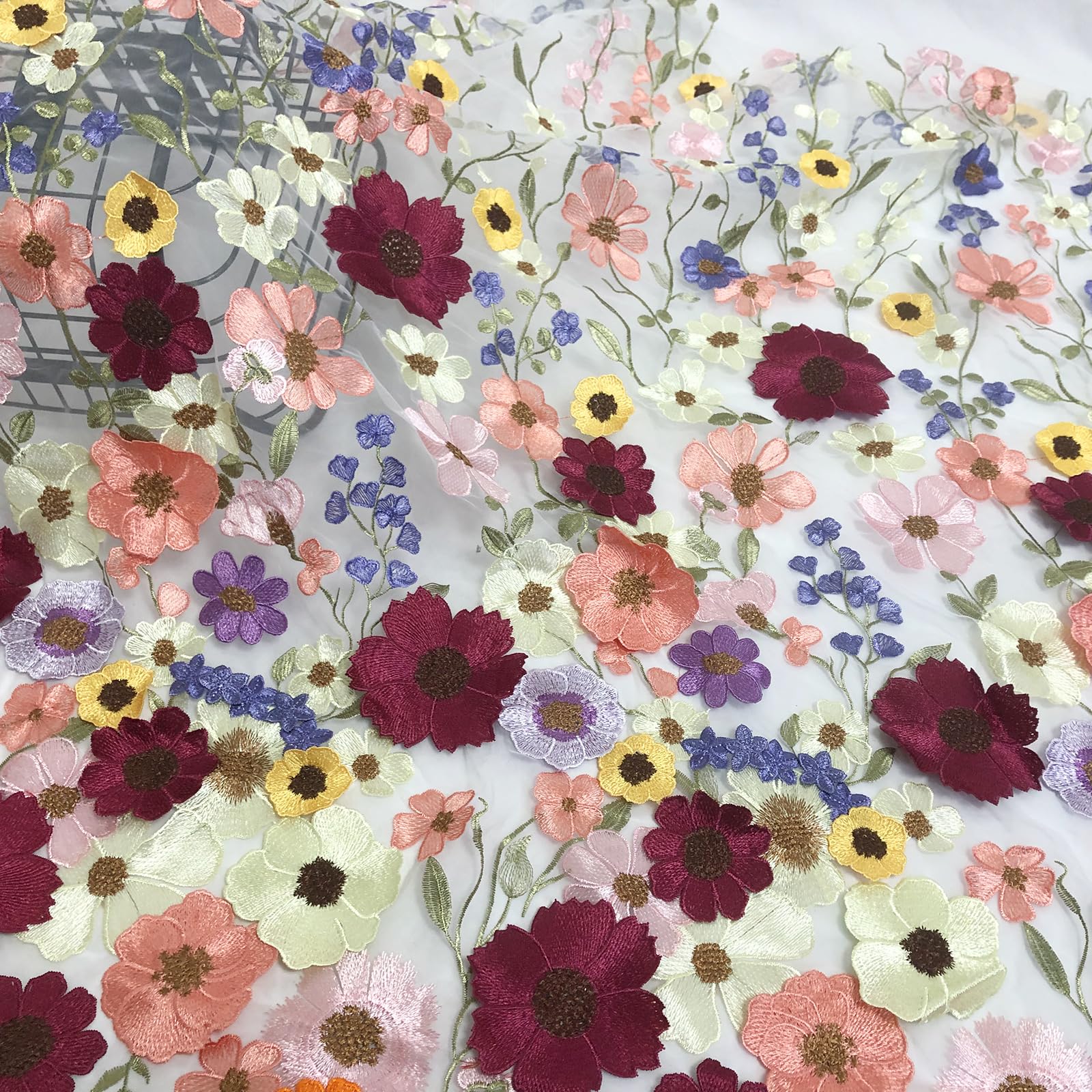 1 Yard White 3D Flower Fabric with Beautiful Multicolor Eye Embroidery Lace Clothing Fabric, One-Sided Sunflower, DIY Wedding Dress Sewing, Handmade Designers' Must-Have : Arts, Crafts & Sewing
